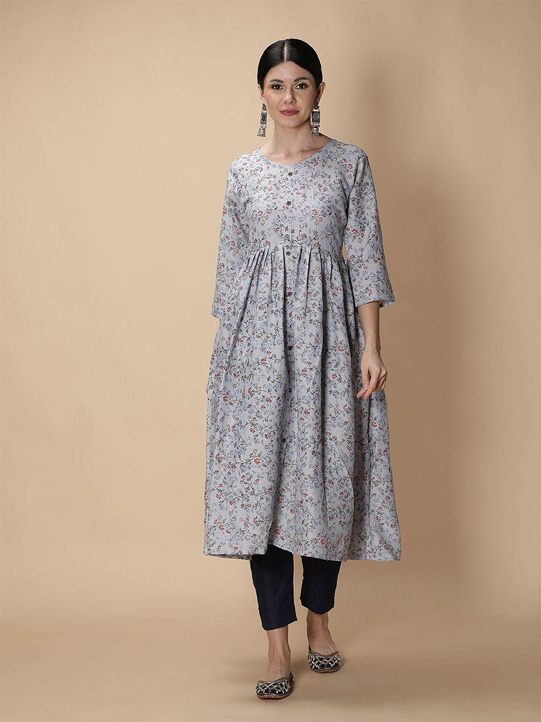 fabclub women grey floral printed anarkali cotton kurta