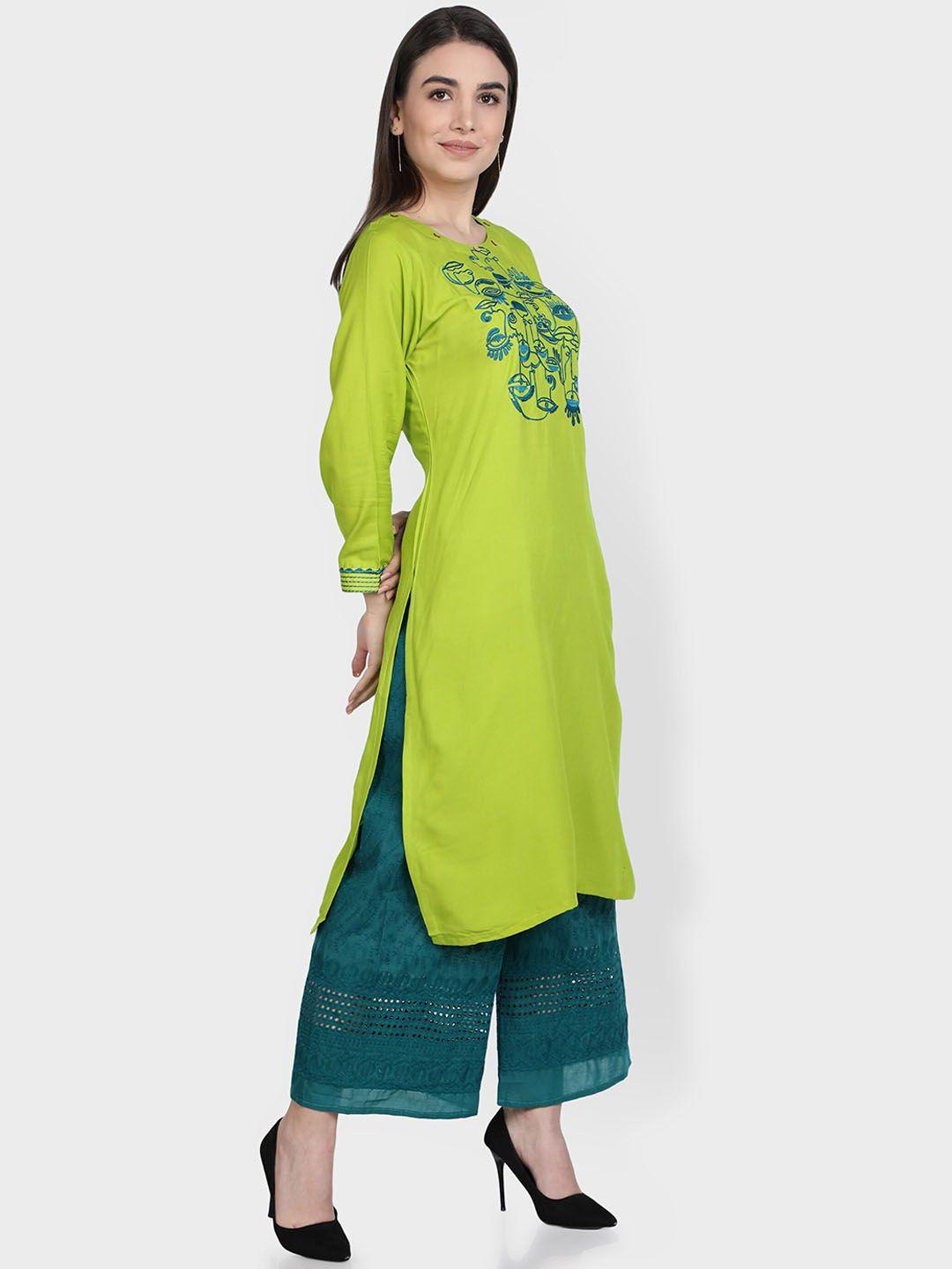 fabclub women lime green ethnic motifs embroidered chikankari kurta with palazzos