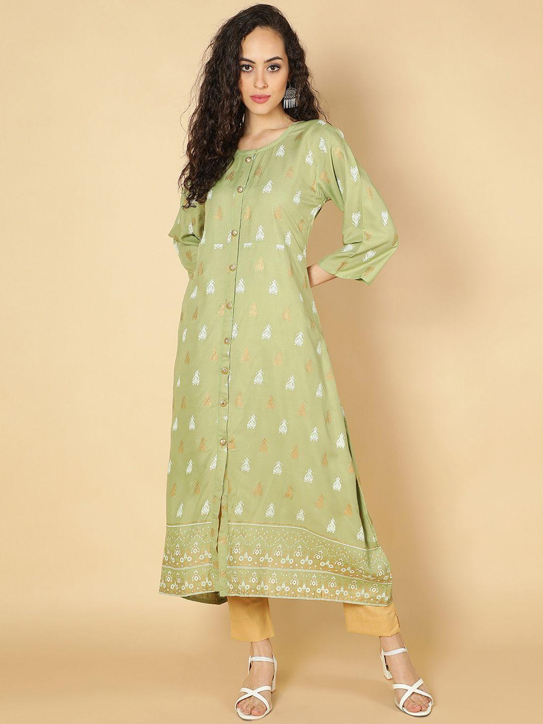 fabclub women lime green ethnic motifs printed a-line  kurta