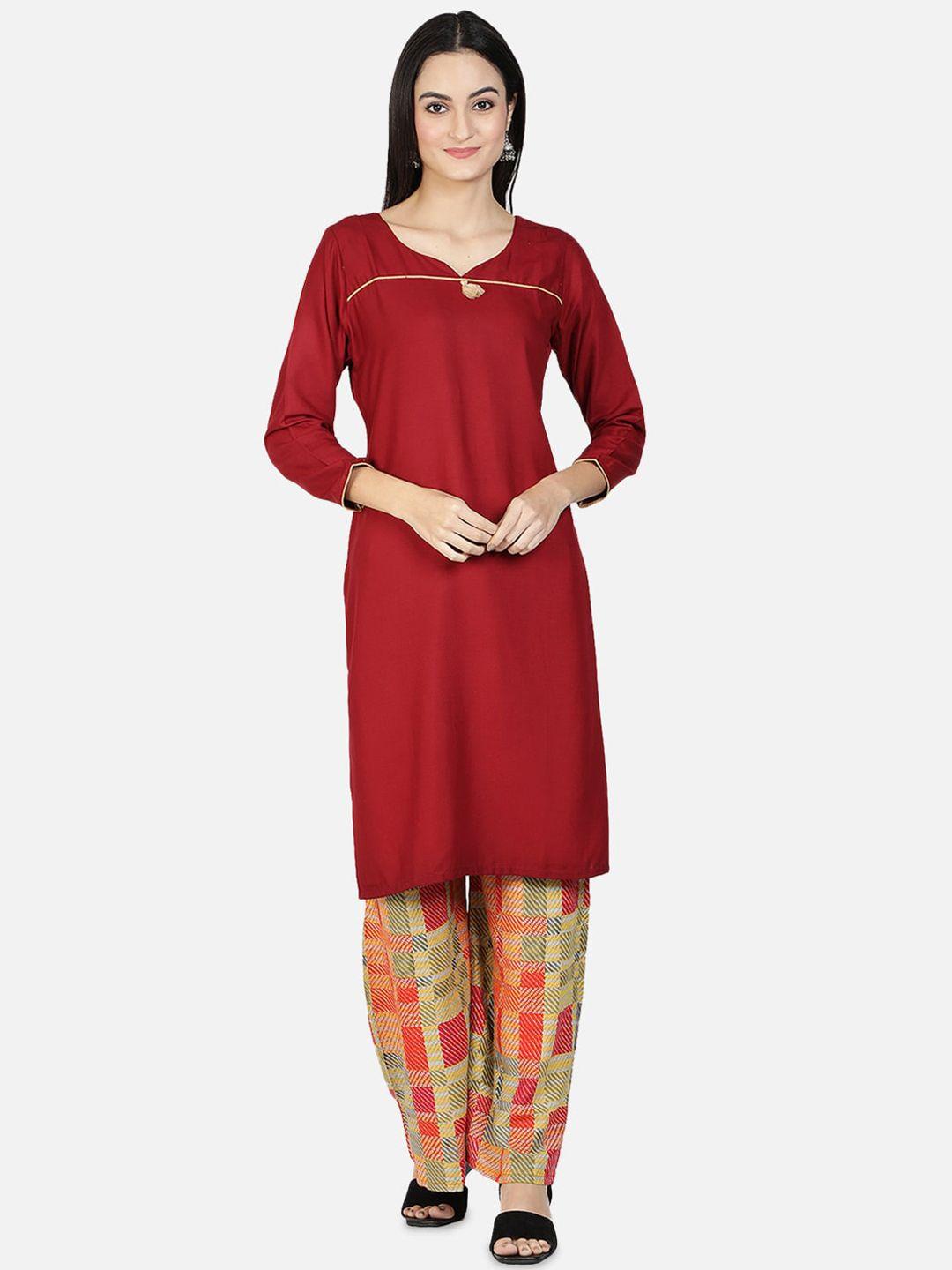 fabclub women maroon solid kurta with palazzo