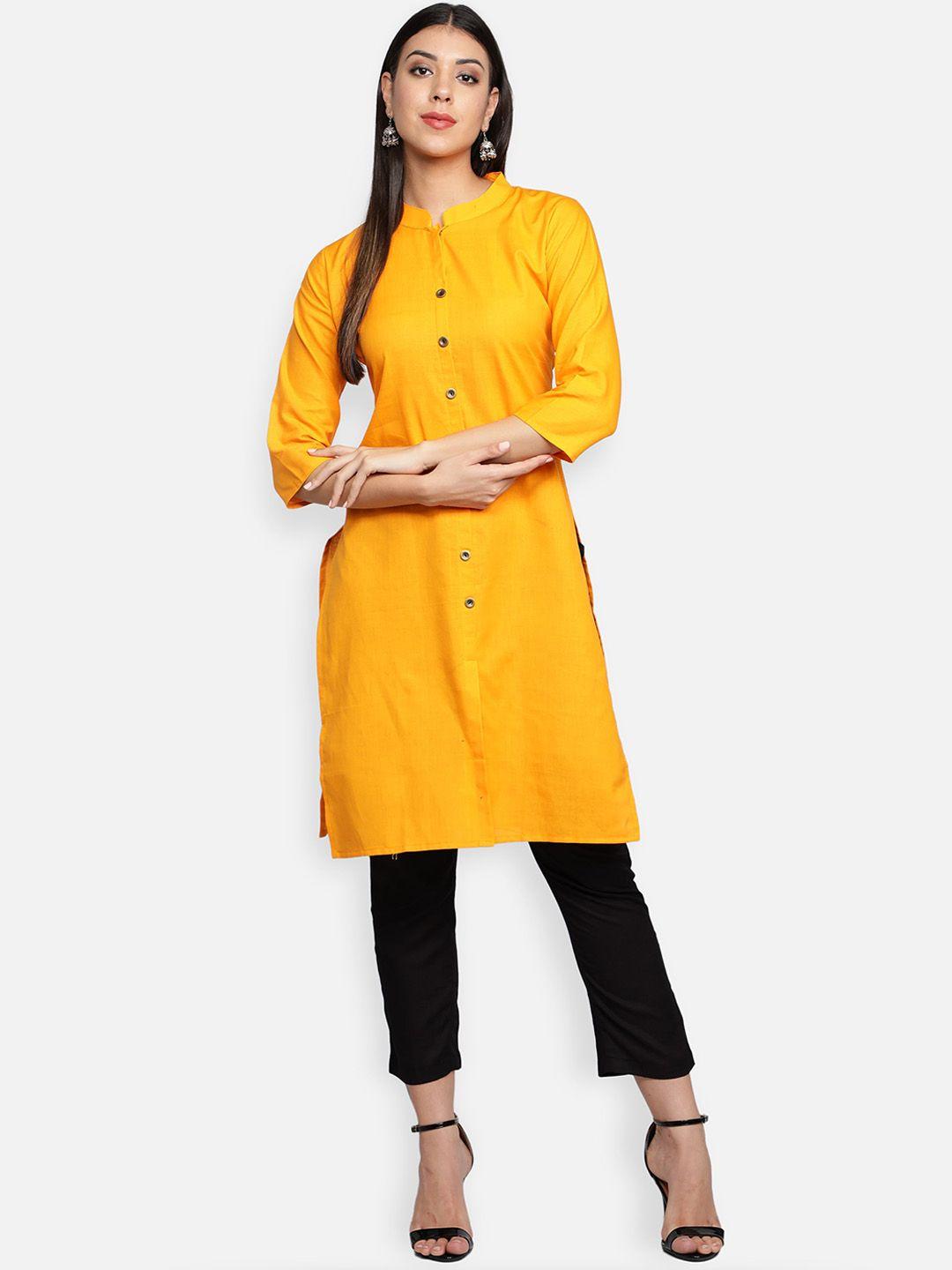 fabclub women mustard yellow mandarin collar kurta