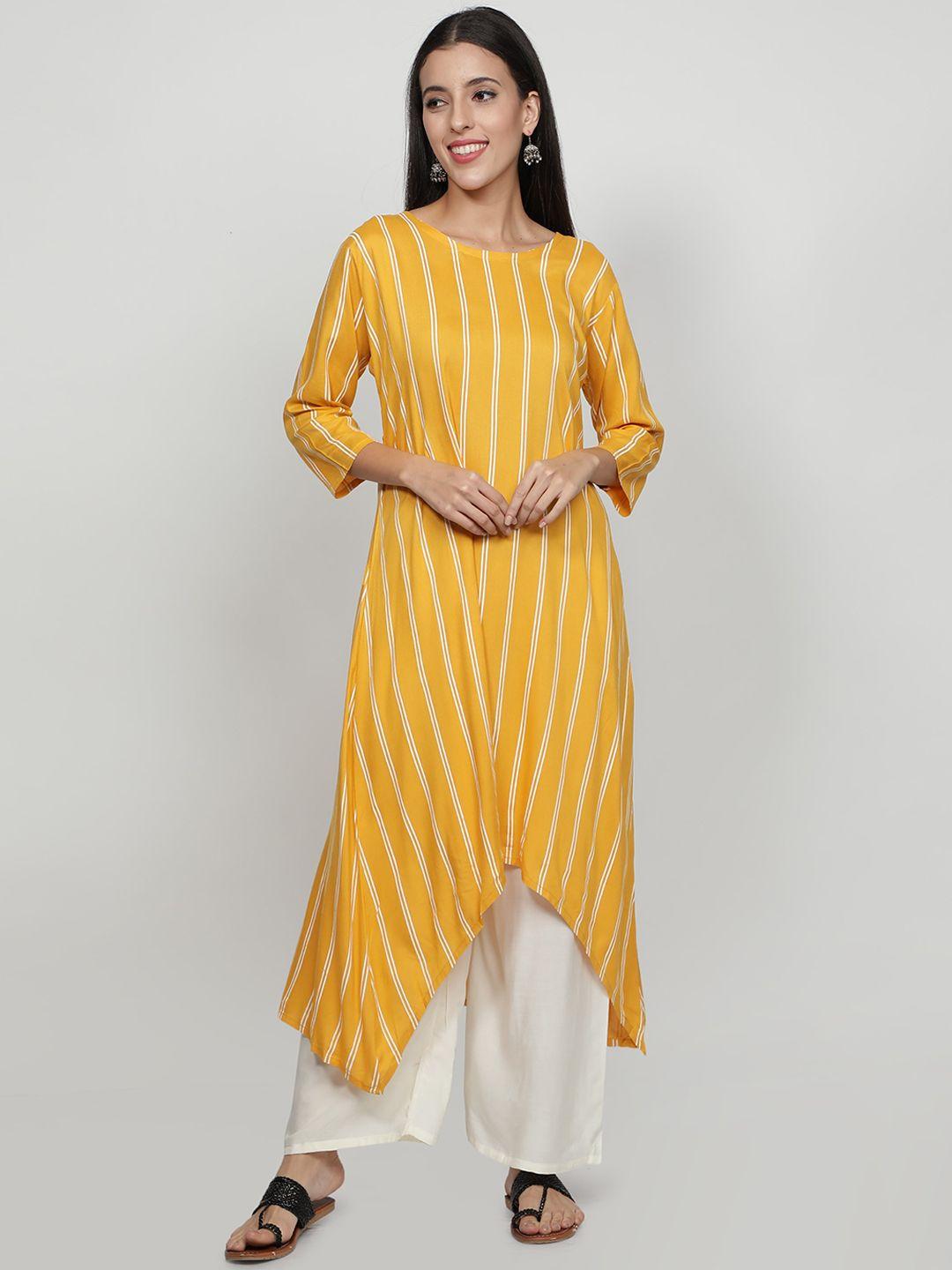 fabclub women mustard yellow striped kurta with palazzos