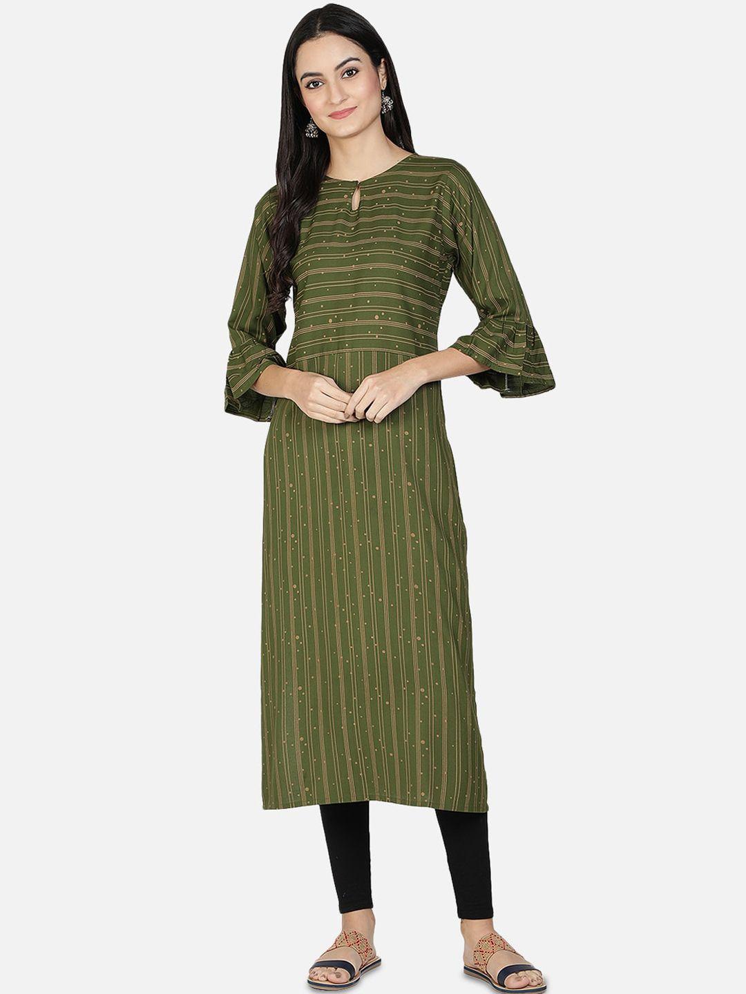 fabclub women olive green striped keyhole neck bell sleeves kurta