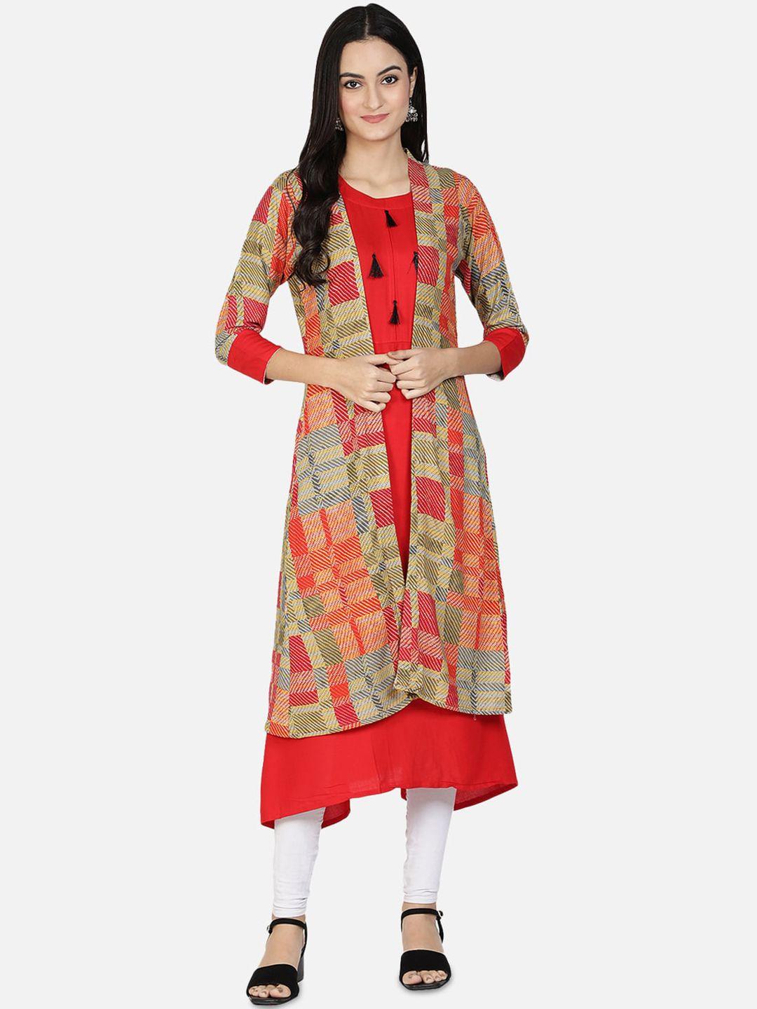 fabclub women red & multicoloured printed a-line kurta with shrug