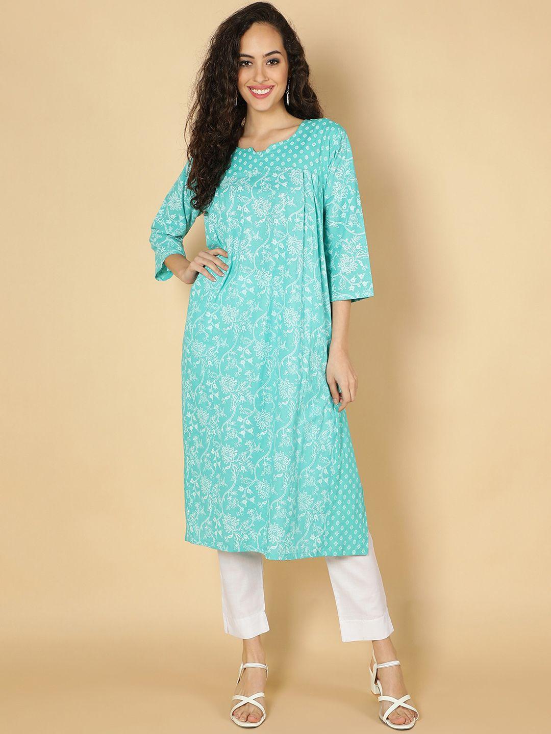 fabclub women sea green ethnic motifs printed keyhole neck cotton kurta