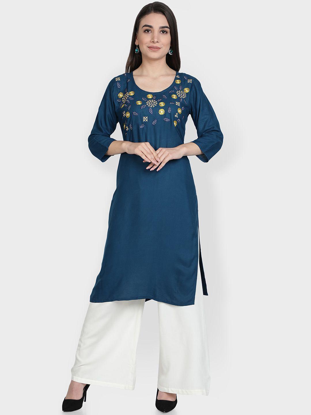 fabclub women teal blue ethnic motifs embroidered kurta