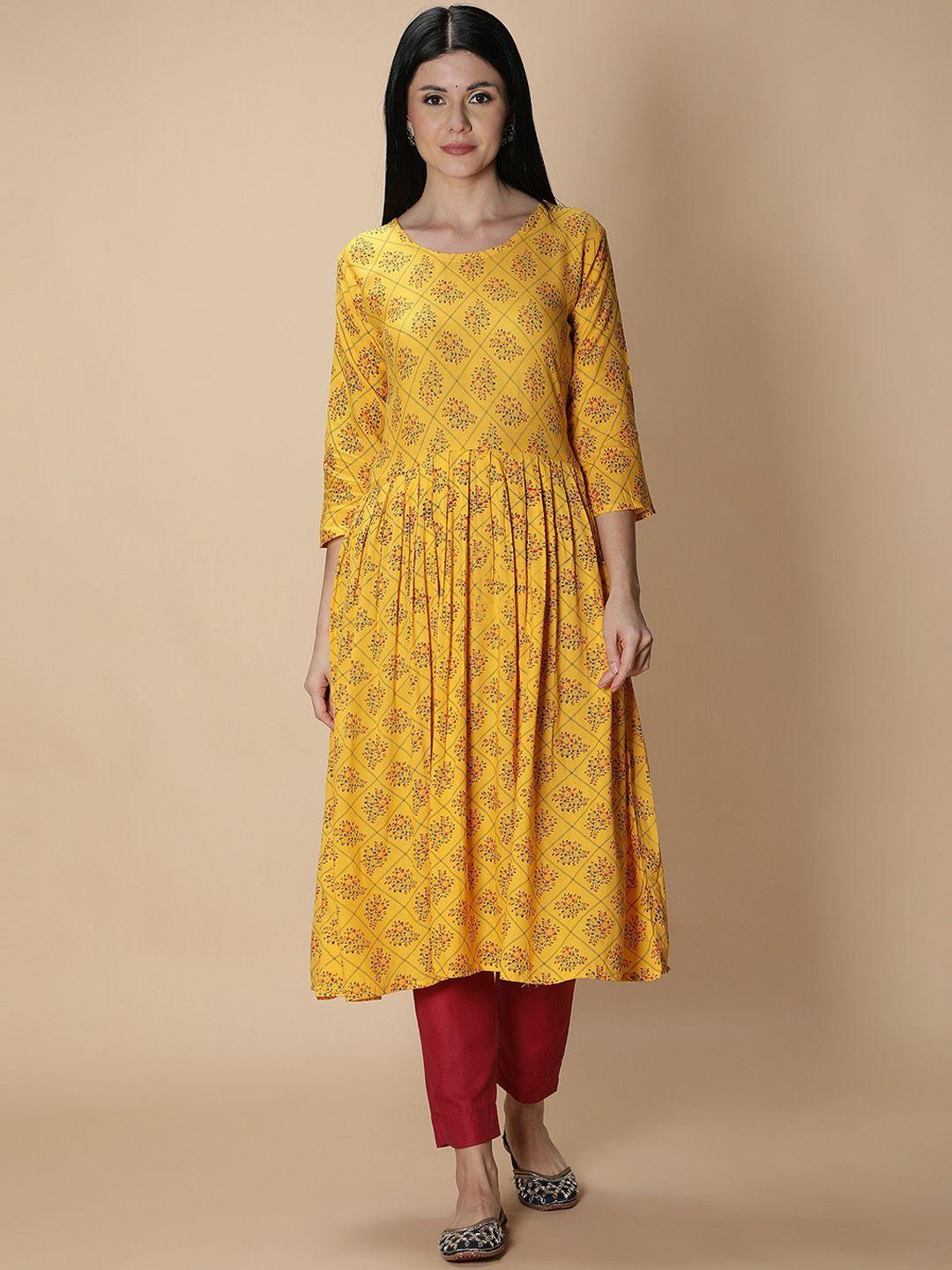 fabclub women yellow & red floral printed a-line kurta with trousers