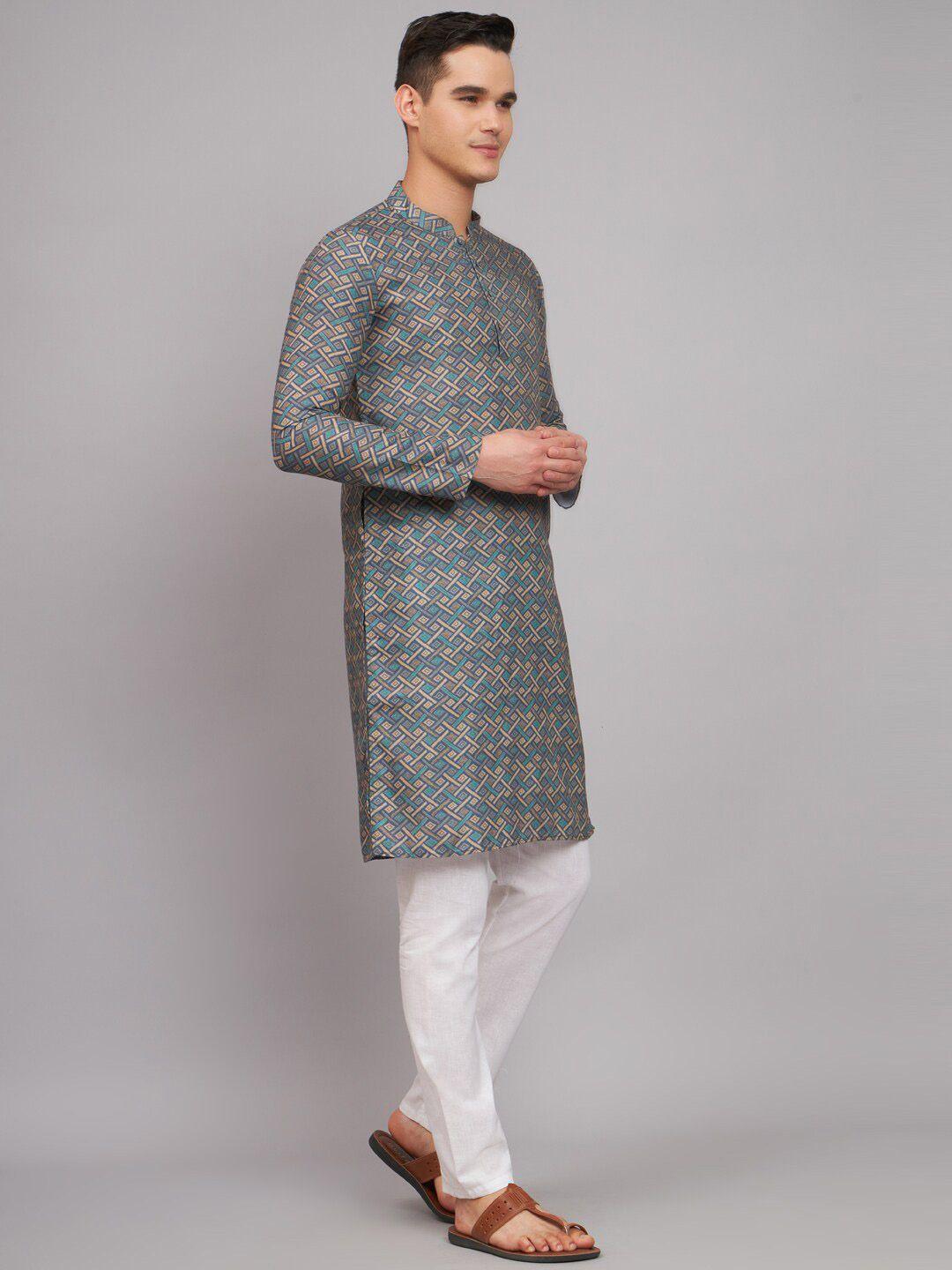 fabdyor geometric printed mandarin collar linen straight kurta