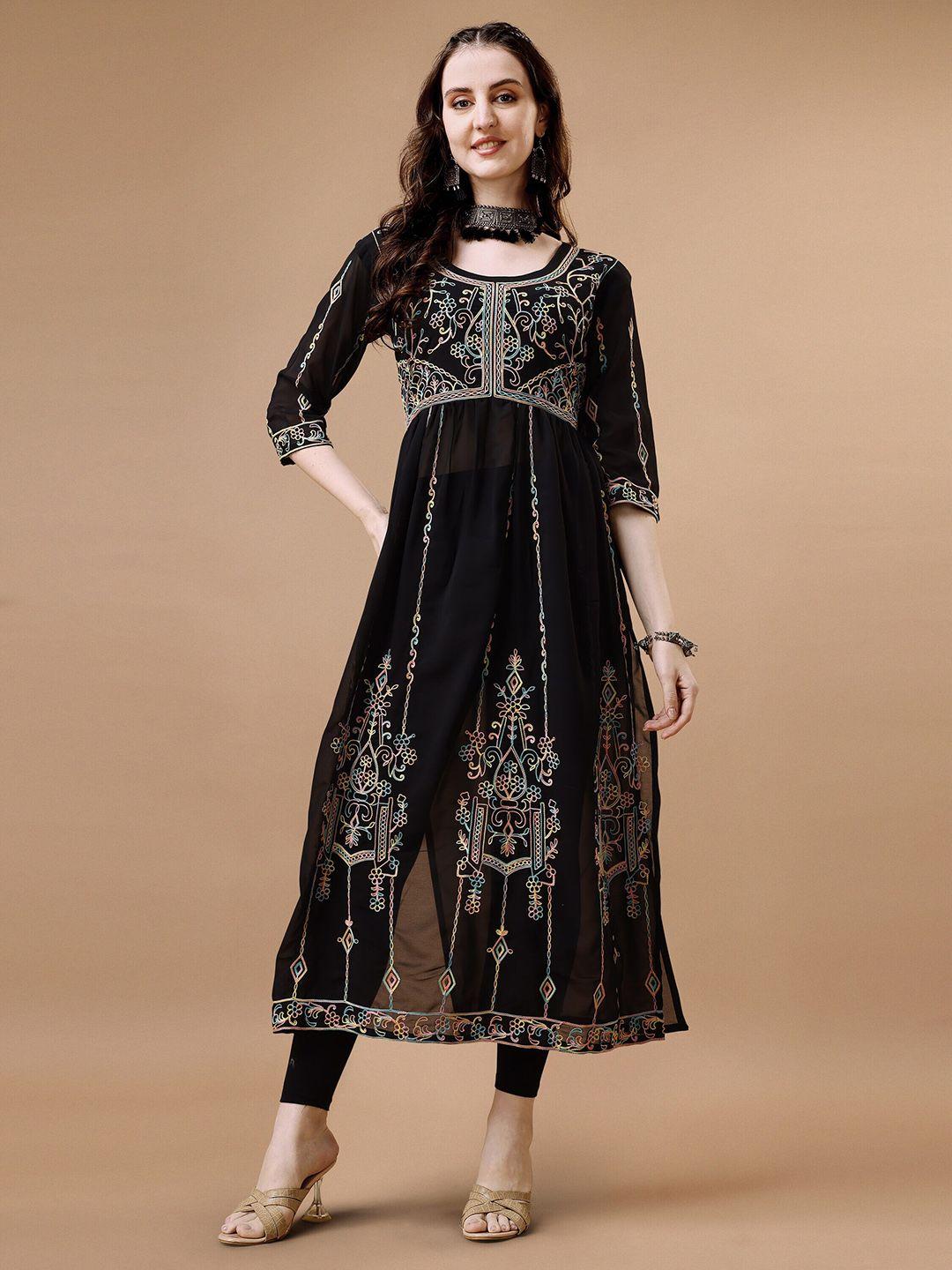 fabfairy black floral embroidered georgette maxi dress