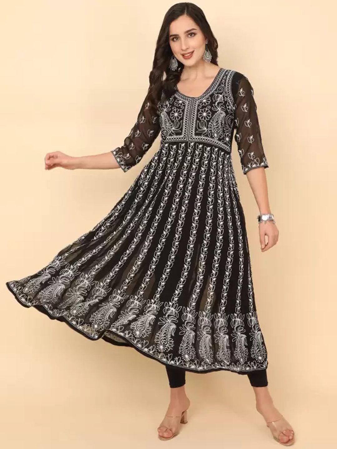 fabfairy floral embroidered thread work round neck anarkali kurta