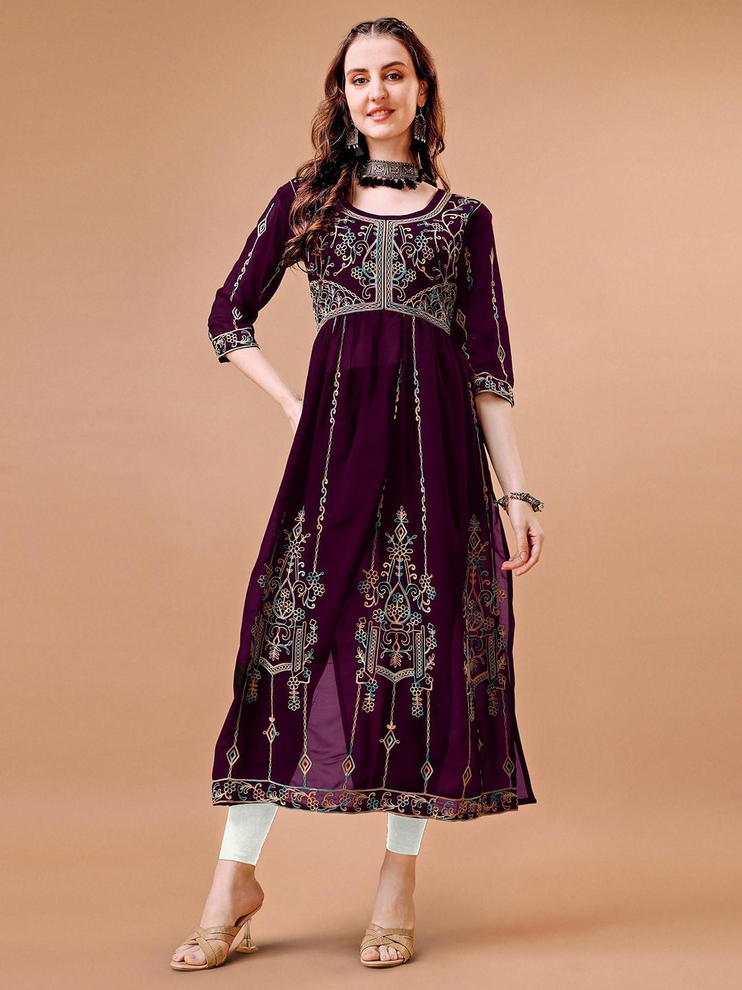 fabfairy purple floral embroidered georgette maxi dress