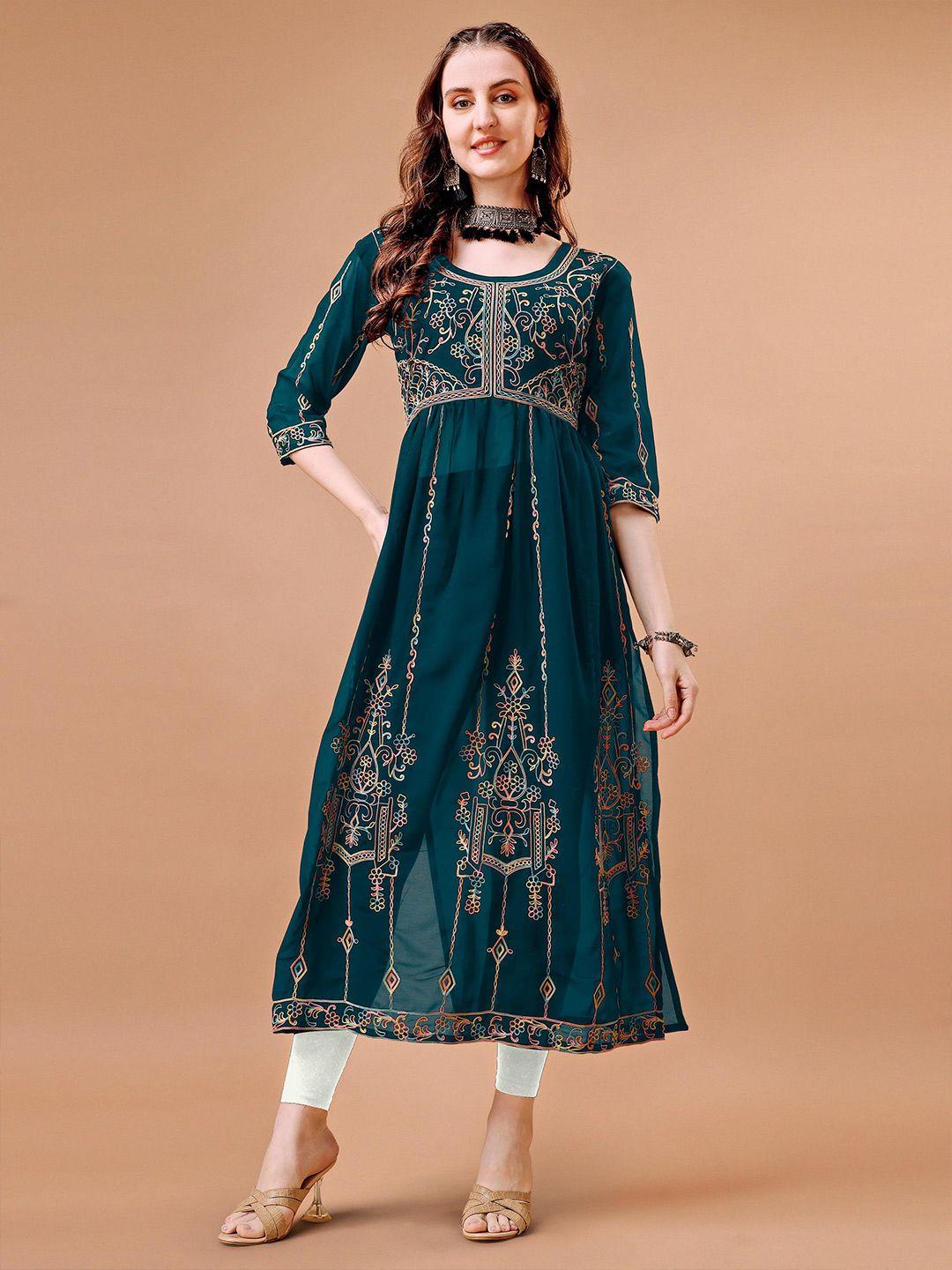 fabfairy teal floral embroidered georgette maxi dress