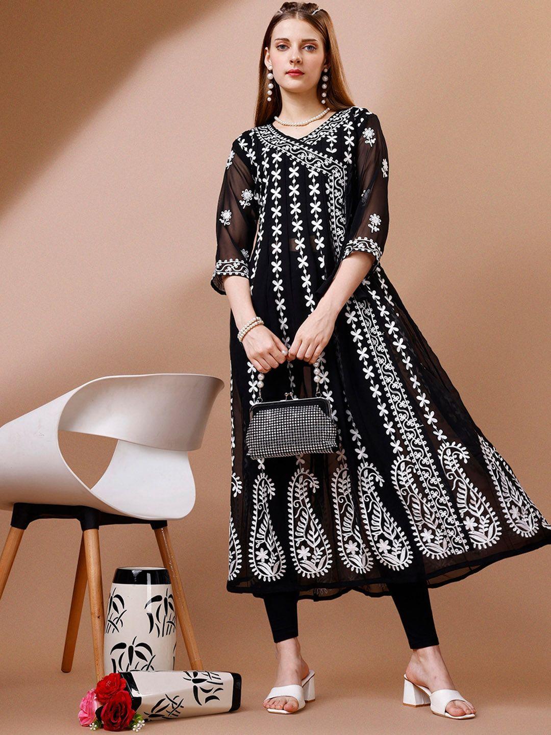 fabfairy women black ethnic motifs printed thread work georgette kurta