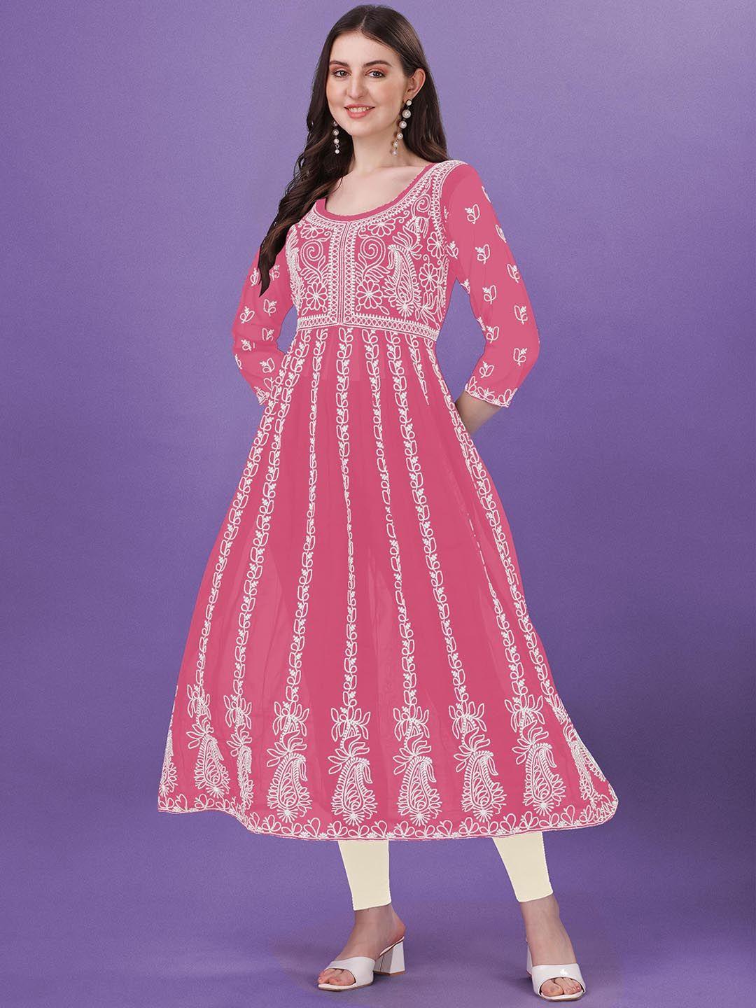 fabfairy women pink yoke design flared sleeves chikankari georgette anarkali kurta