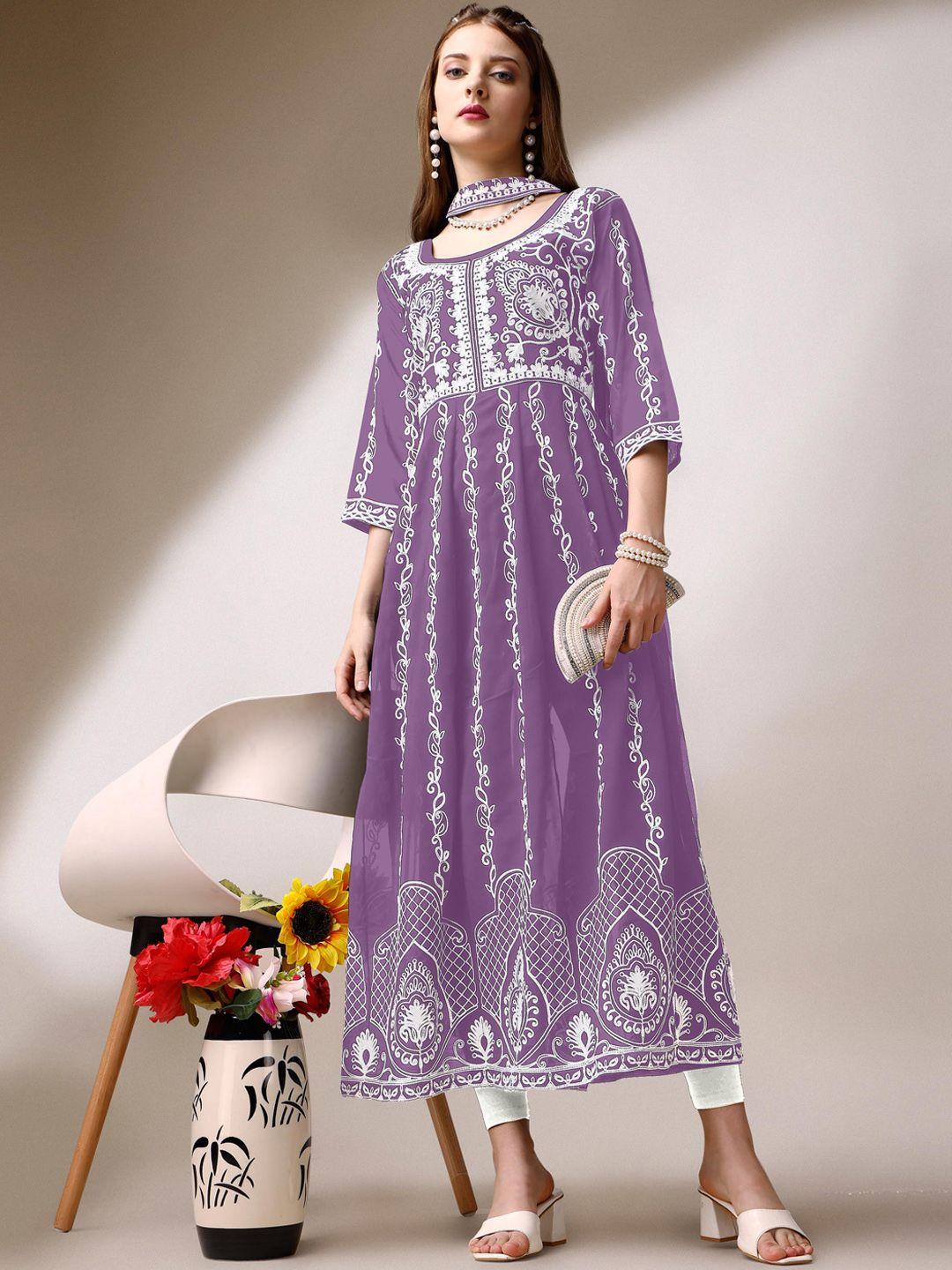 fabfairy women purple ethnic motifs printed flared sleeves sequinned georgette kurta