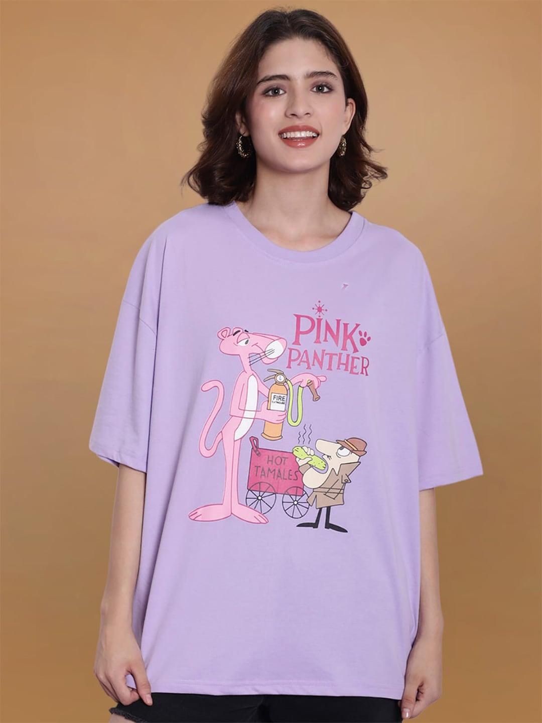 fabflee oversized graphic pink panther printed drop shoulder sleeves cotton casual t-shirt