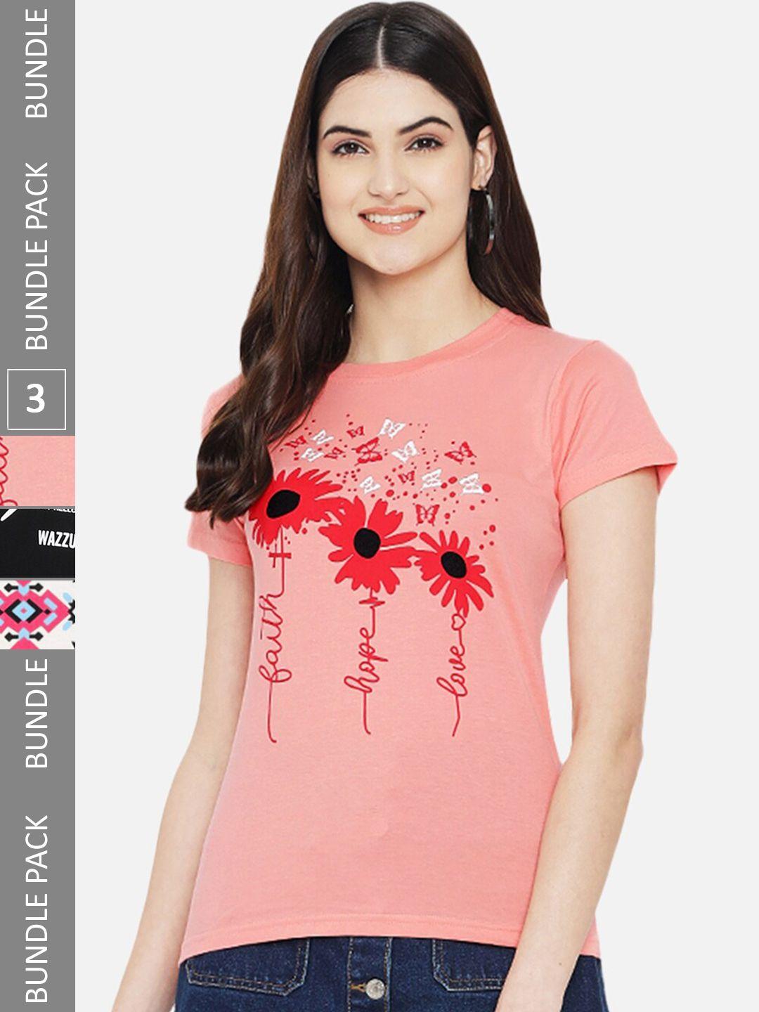 fabflee women multicoloured floral 3 printed t-shirt