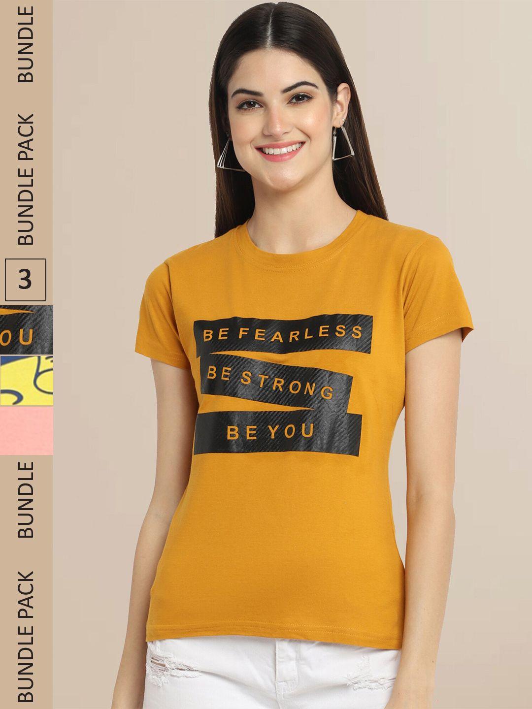 fabflee women mustard yellow & peach pack of 3 graphic printed cotton t-shirt