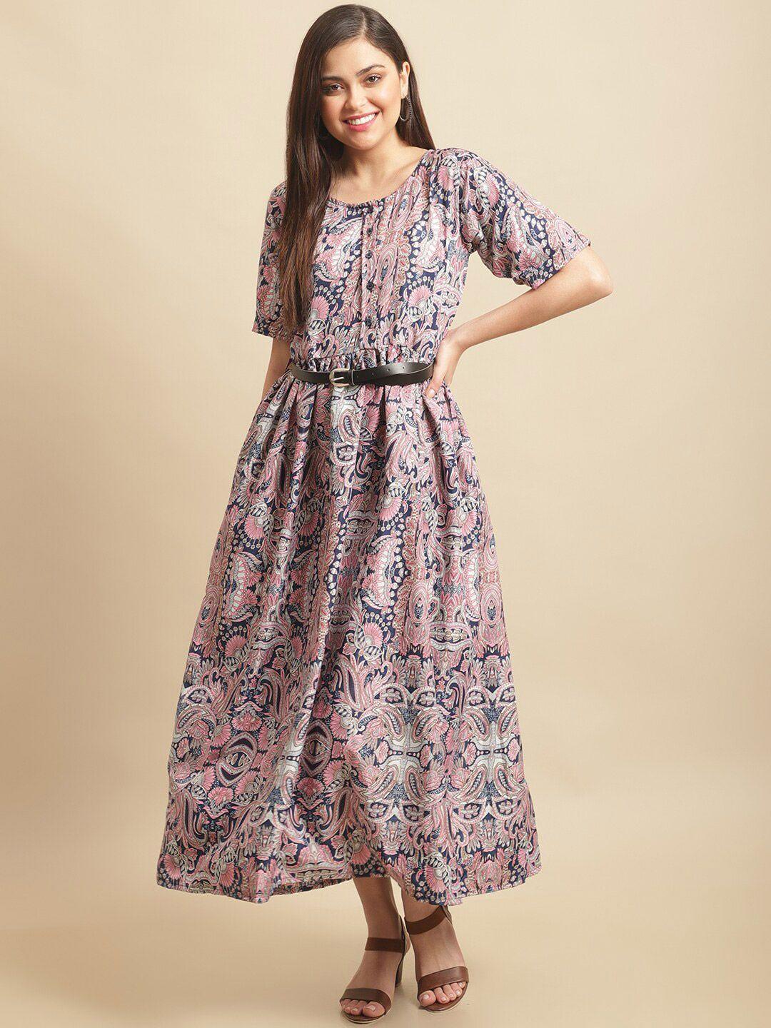 fabflee ethnic motifs printed round neck maxi dress