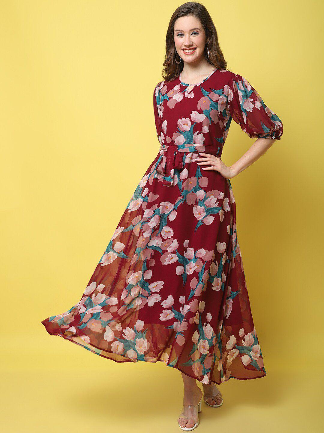 fabflee floral georgette fit and flare maxi dress