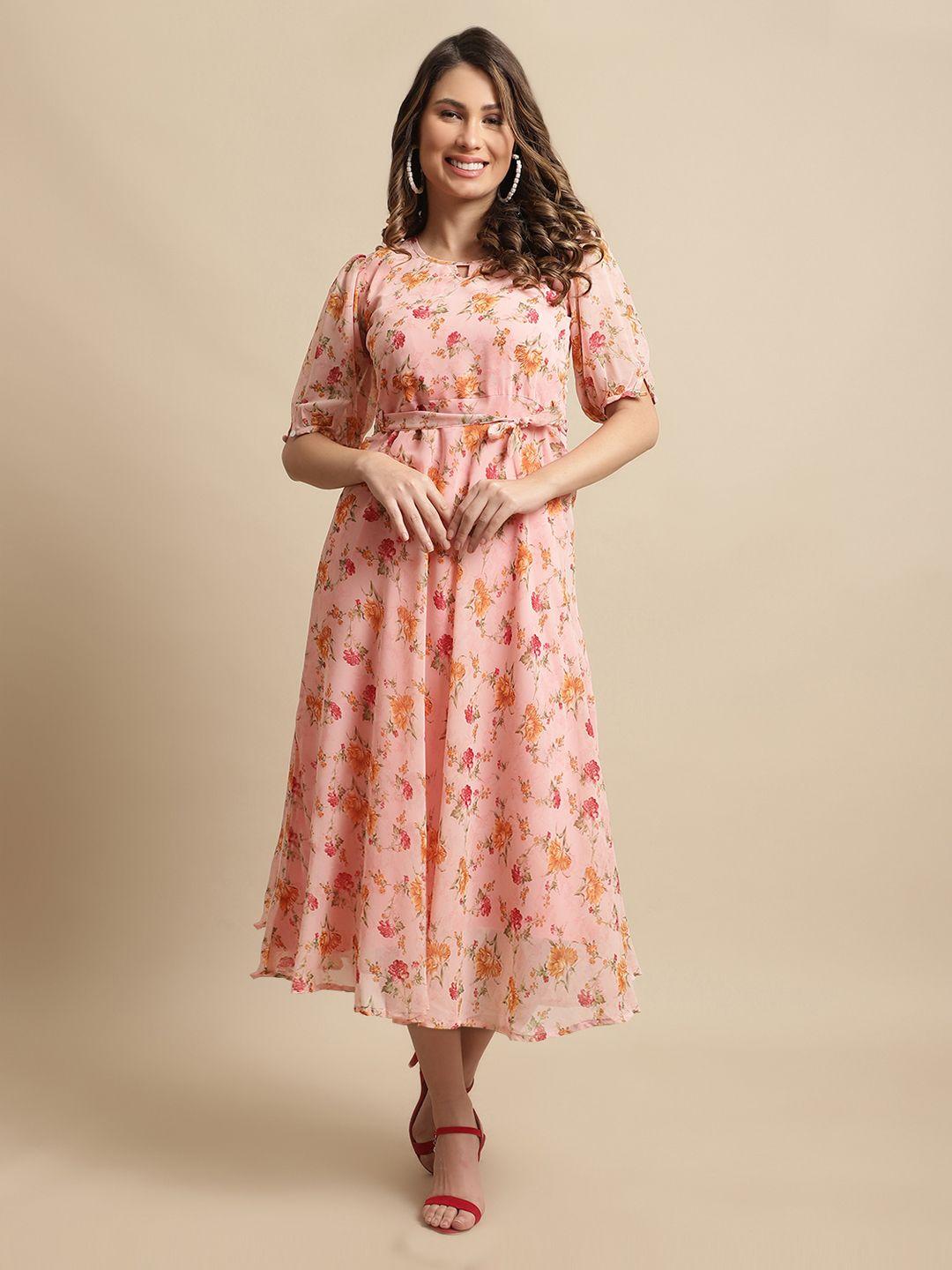 fabflee floral keyhole neck georgette midi dress