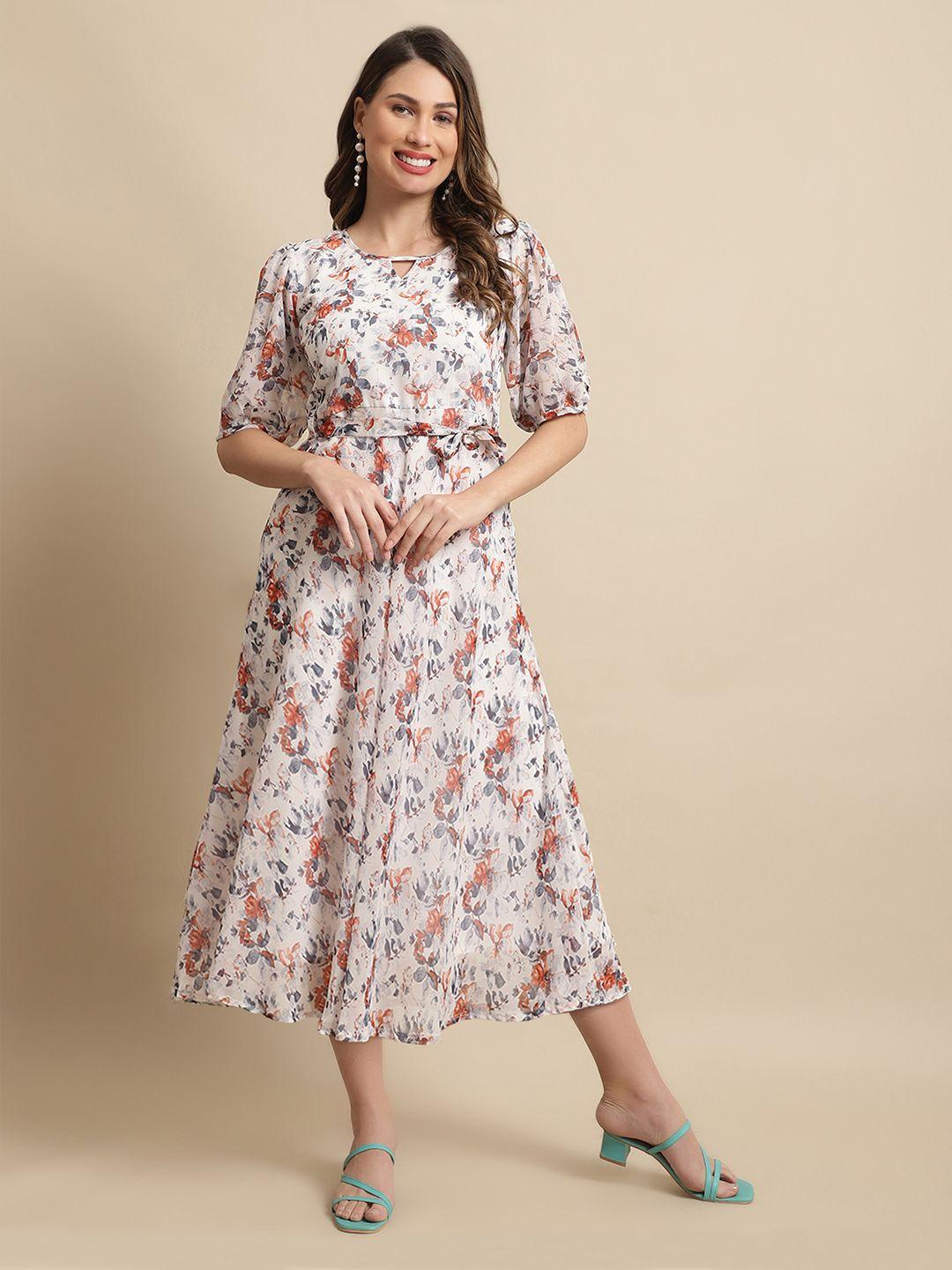 fabflee floral keyhole neck georgette midi dress