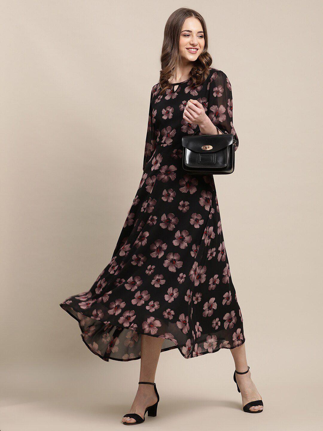 fabflee women black floral keyhole neck a-line midi dress