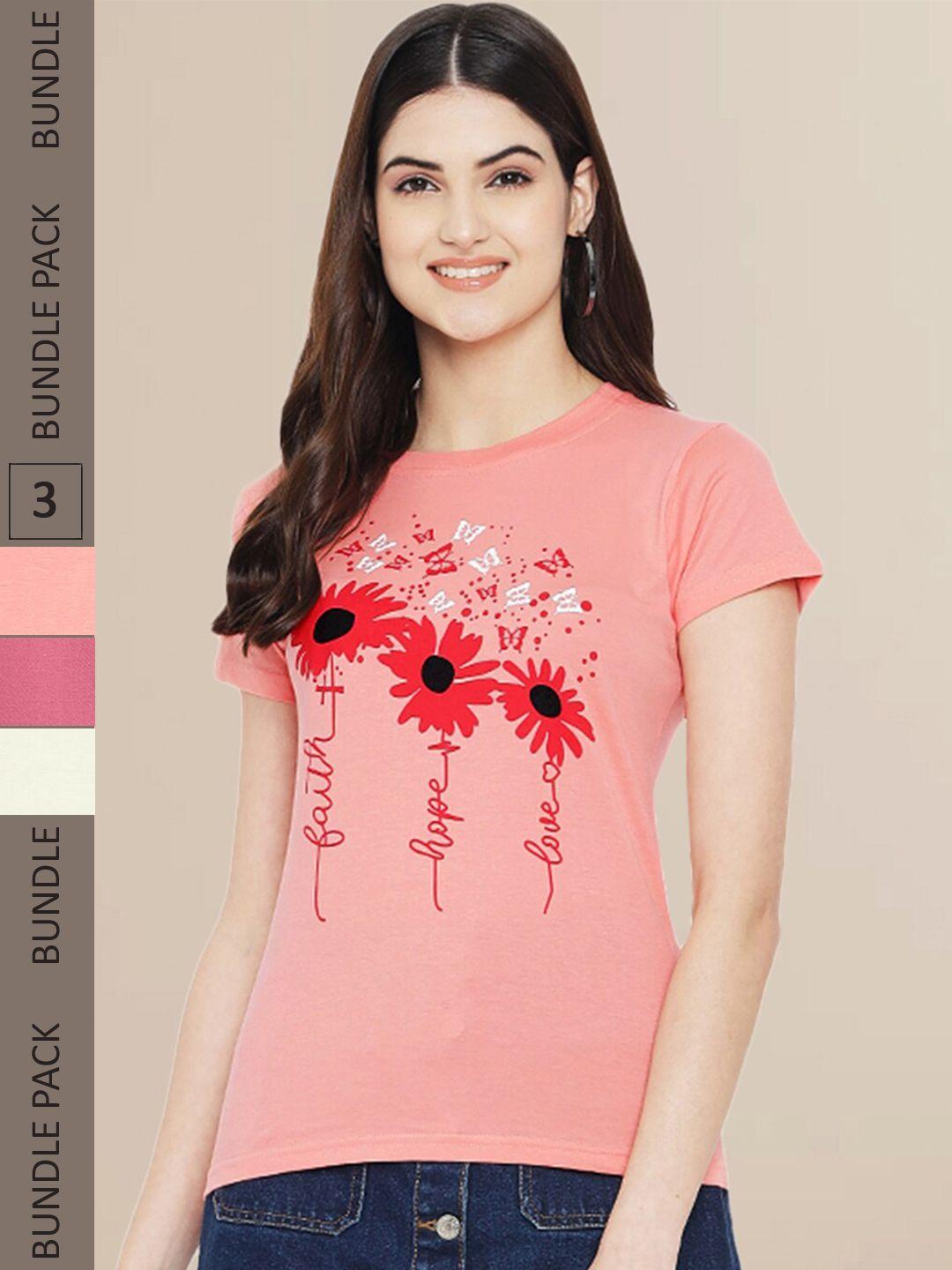 fabflee women peach-coloured & pink pack of 3  printed cotton t-shirt