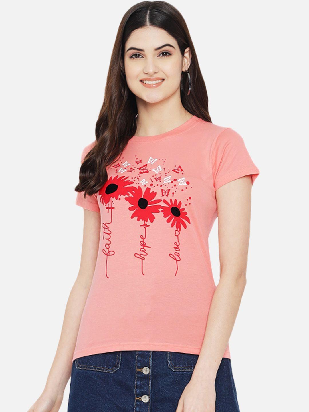 fabflee women peach floral printed round neck cotton t-shirt