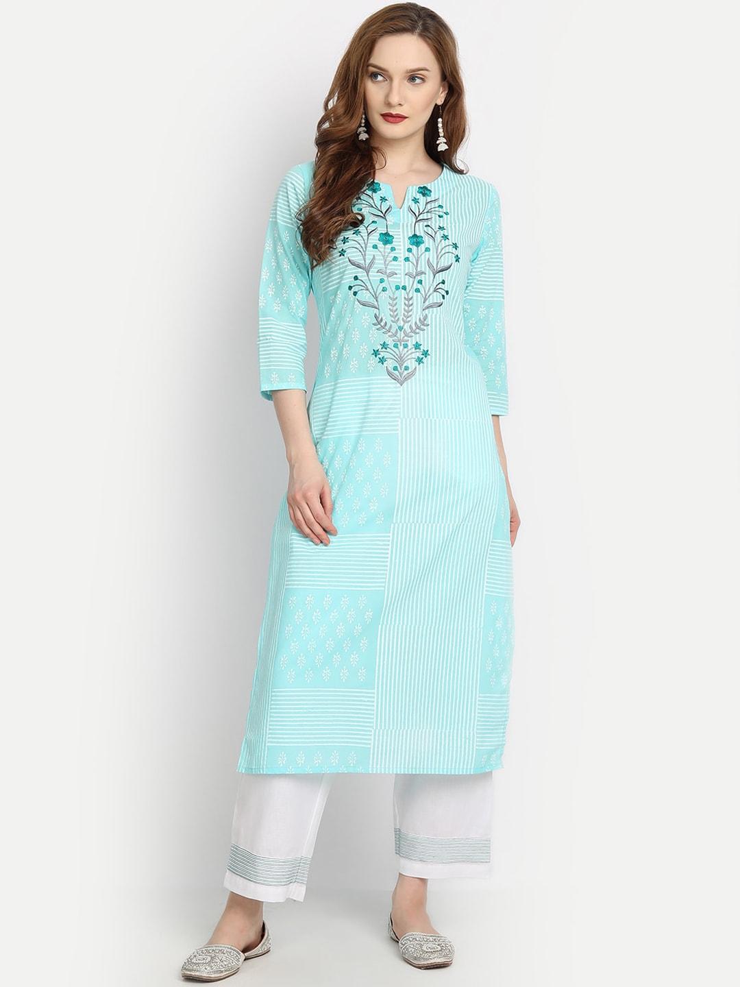 fabglobal women blue floral embroidered panelled pure cotton kurti with trousers & with dupatta