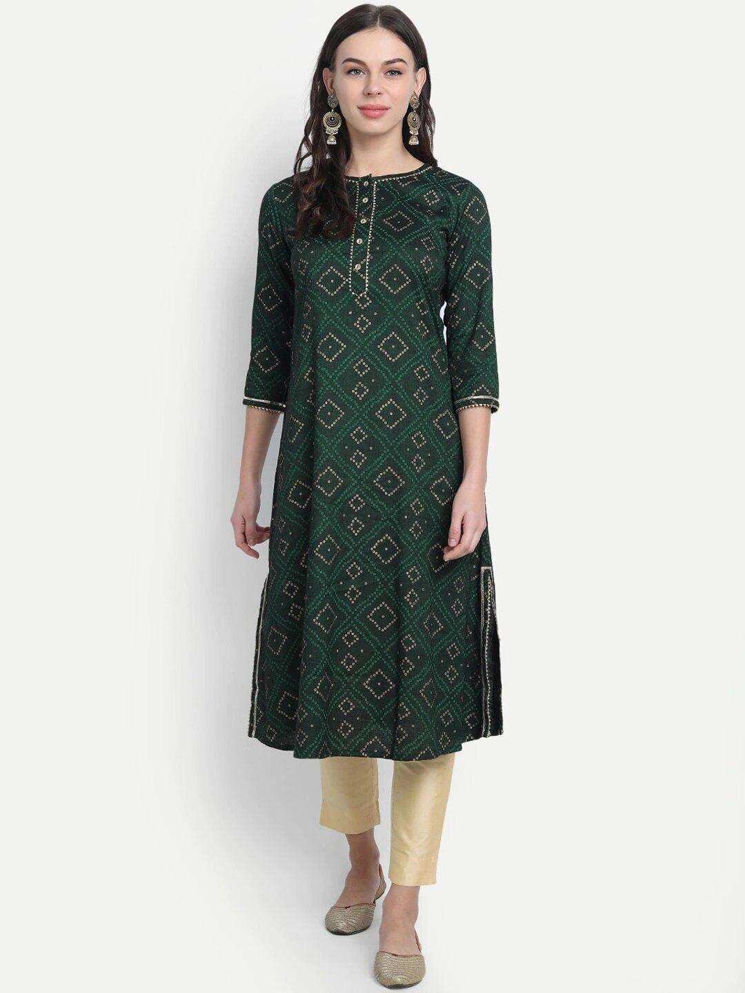 fabglobal women green geometric printed flared sleeves kurta