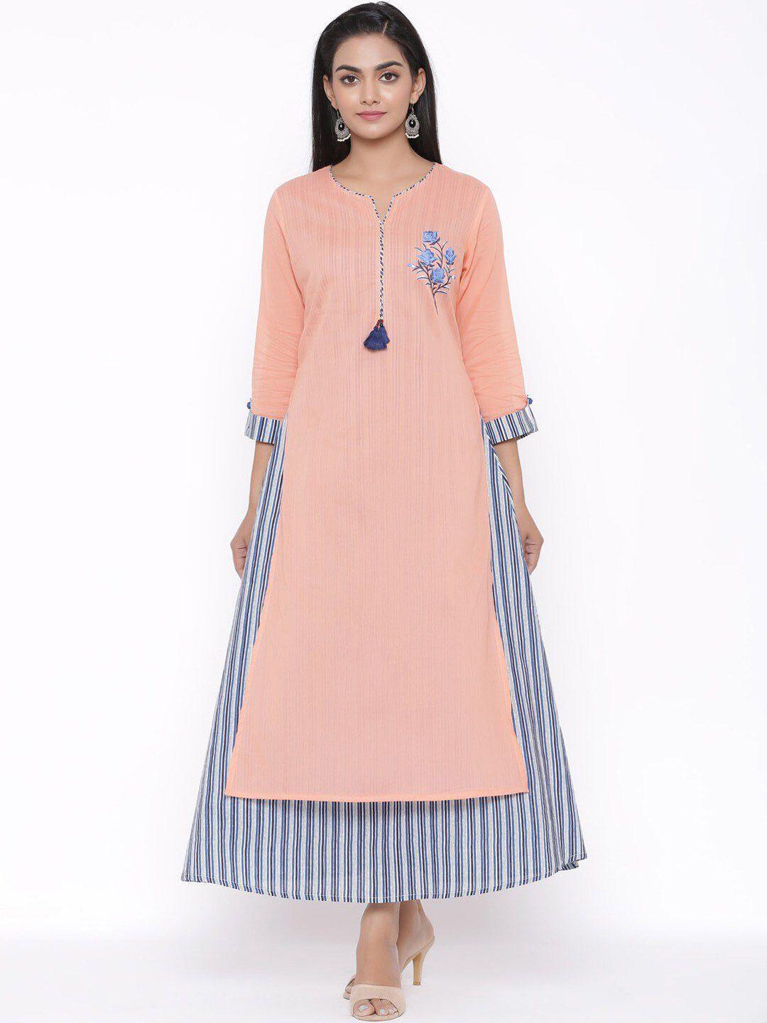 fabglobal floral embroidered round neck a-line cotton kurta