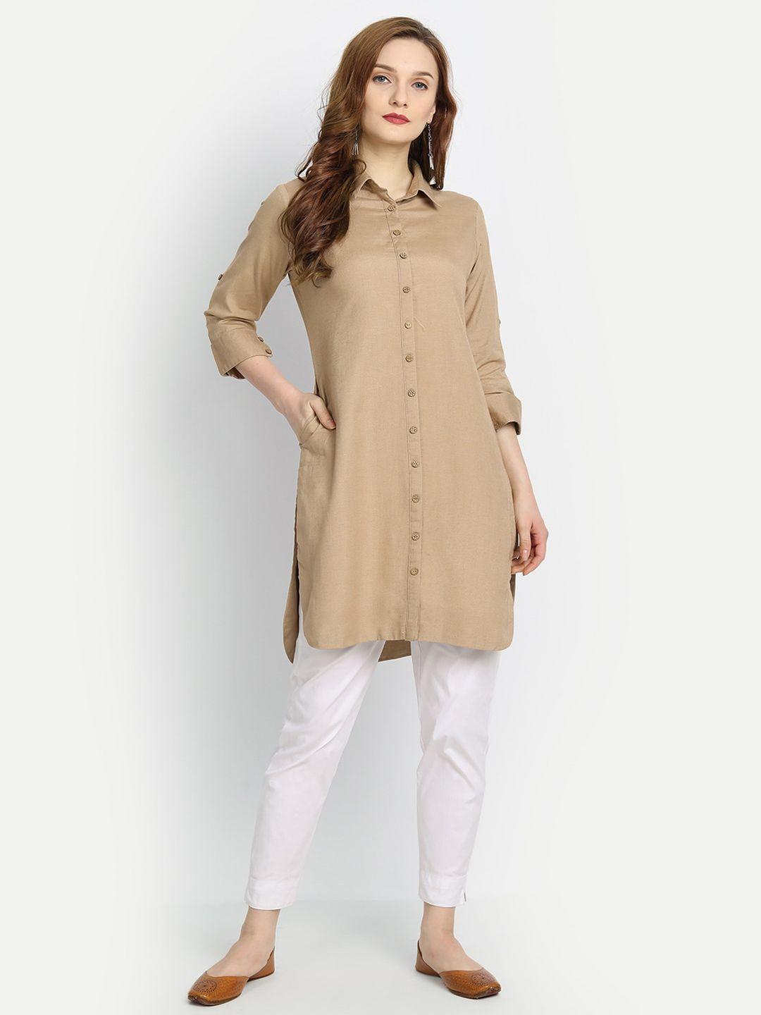 fabglobal khaki viscose rayon shirt collar tunic