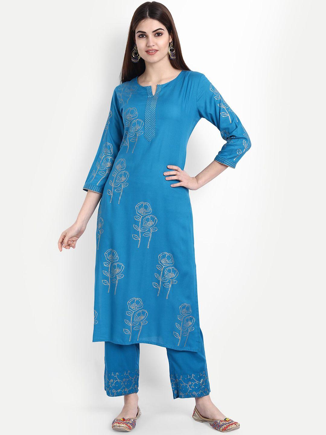 fabglobal turquoise blue floral printed kurta with trousers