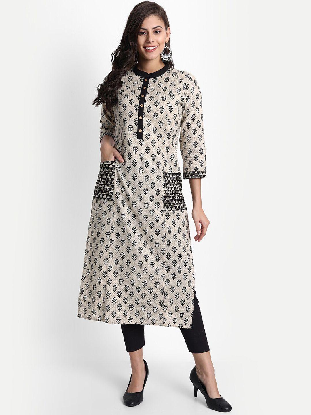 fabglobal women beige & black ethnic motifs printed kurta