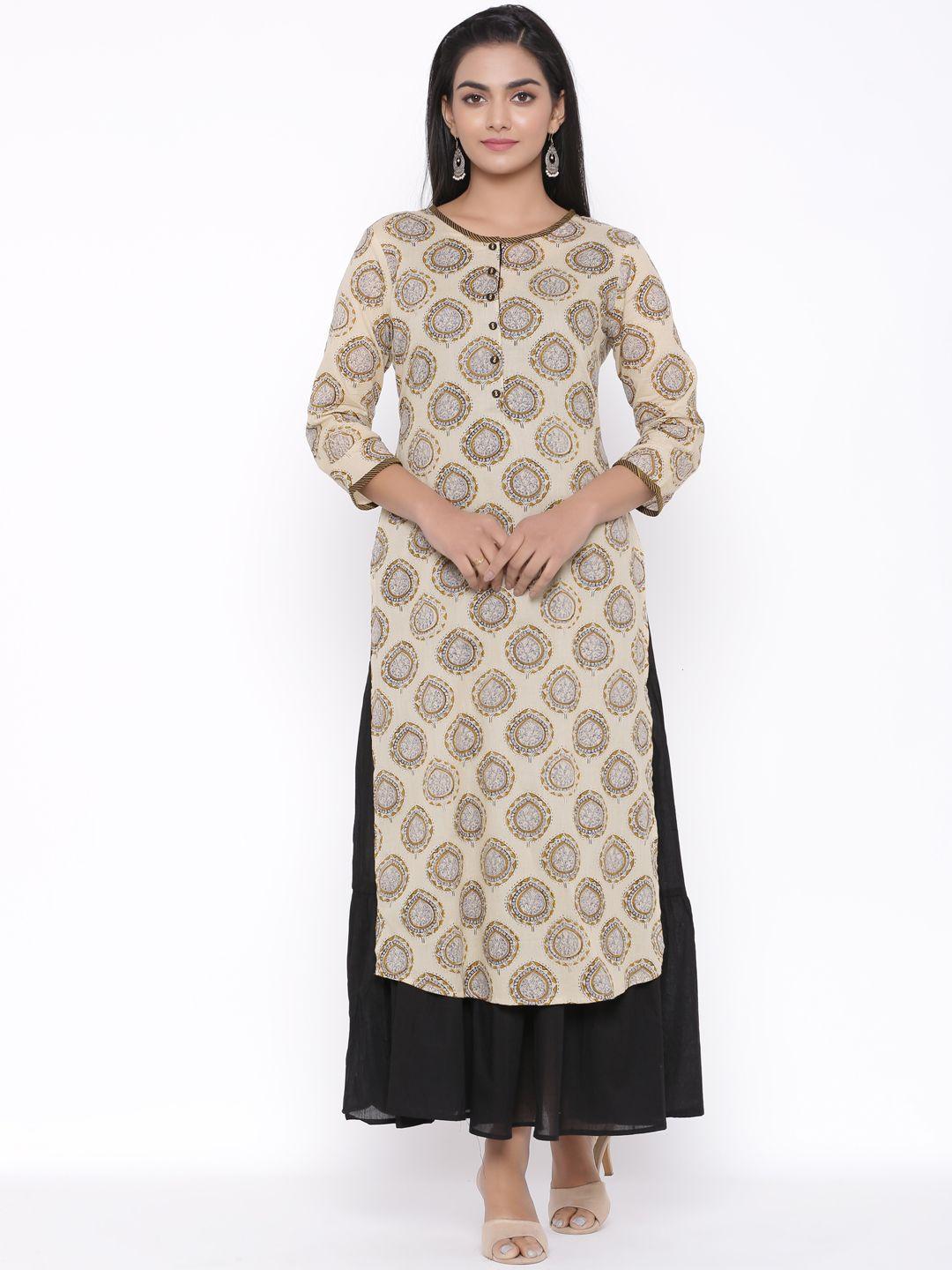 fabglobal women beige printed kurta with sharara & dupatta