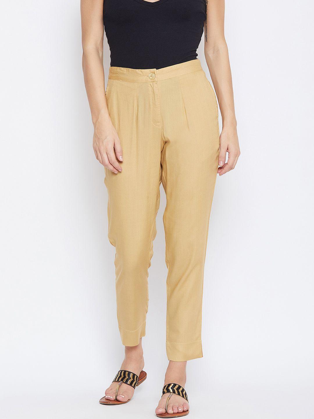 fabglobal women beige relaxed slim fit solid regular trousers