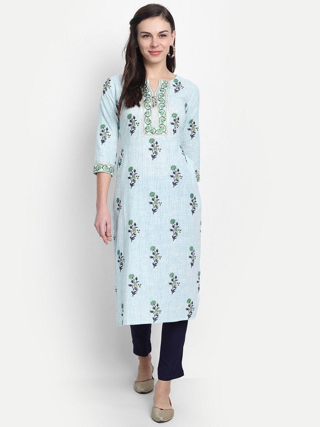 fabglobal women blue & green floral printed handloom kurta
