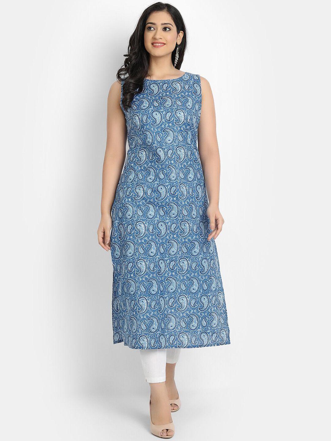 fabglobal women blue & white ethnic motif printed kurta
