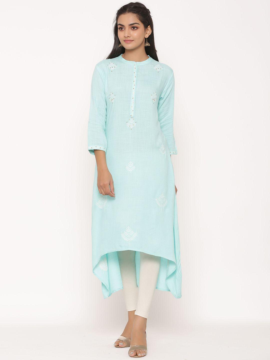 fabglobal women blue embroidered a-line kurta