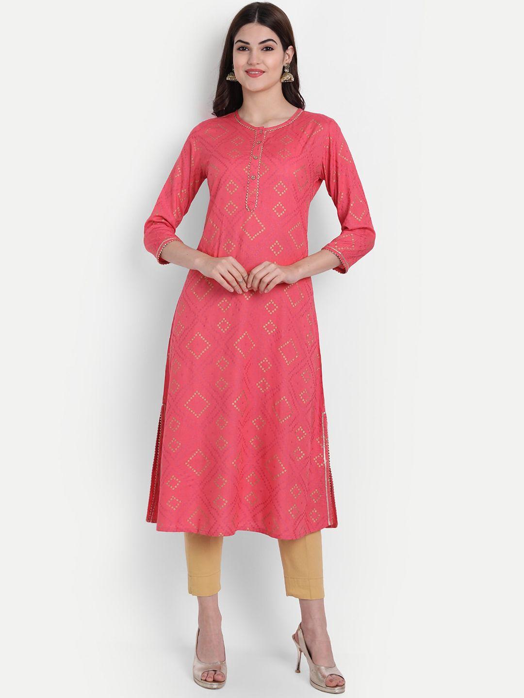 fabglobal women coral embroidered thread work slub bandhej printed kurta