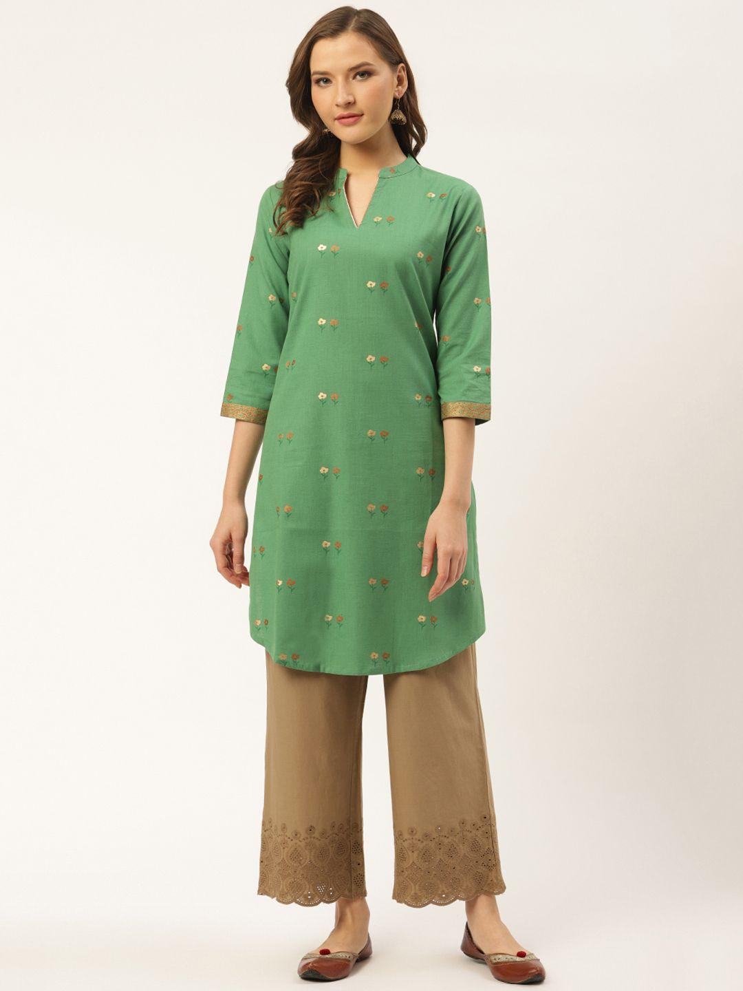 fabglobal women green & golden floral print straight kurta