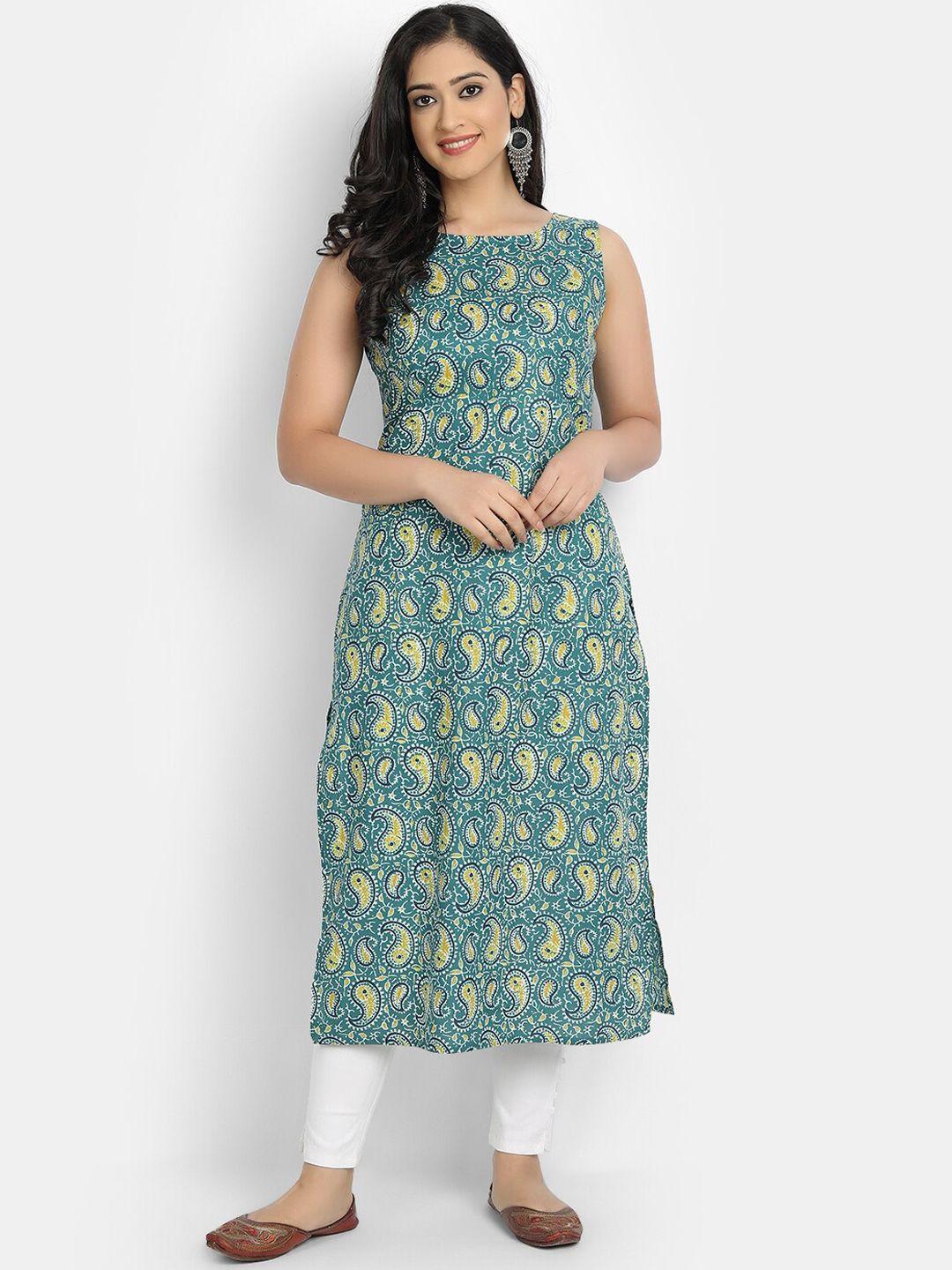 fabglobal women green & yellow ethnic motif printed kurta