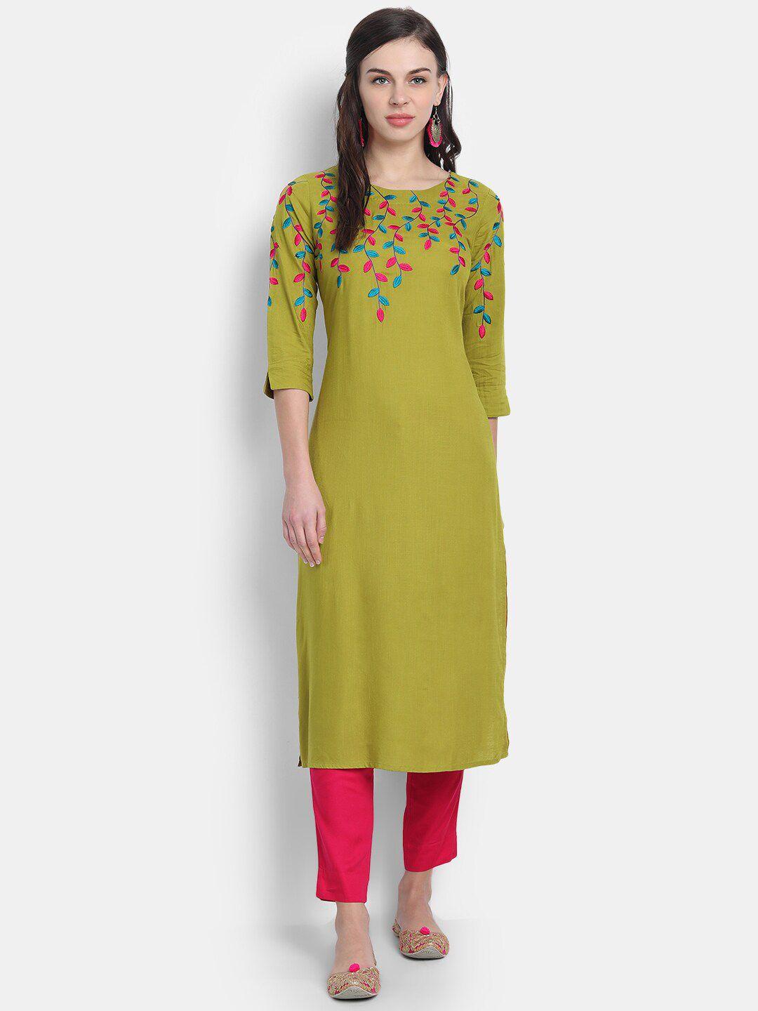 fabglobal women green floral embroidered thread work kurta