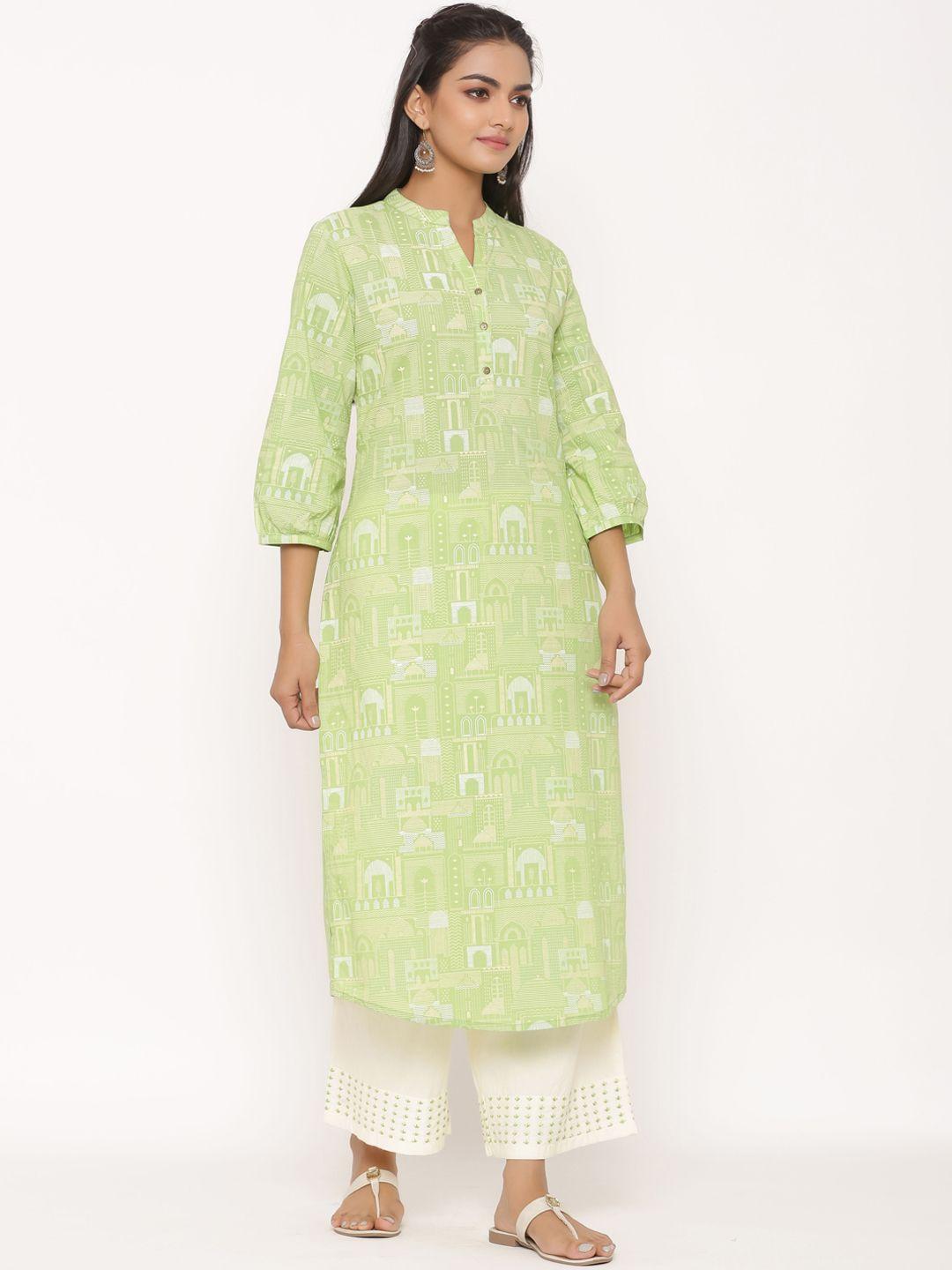 fabglobal women green printed kurta with palazzos
