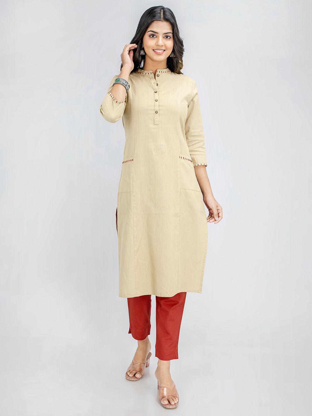 fabglobal women mandarin collar thread work cotton kurta