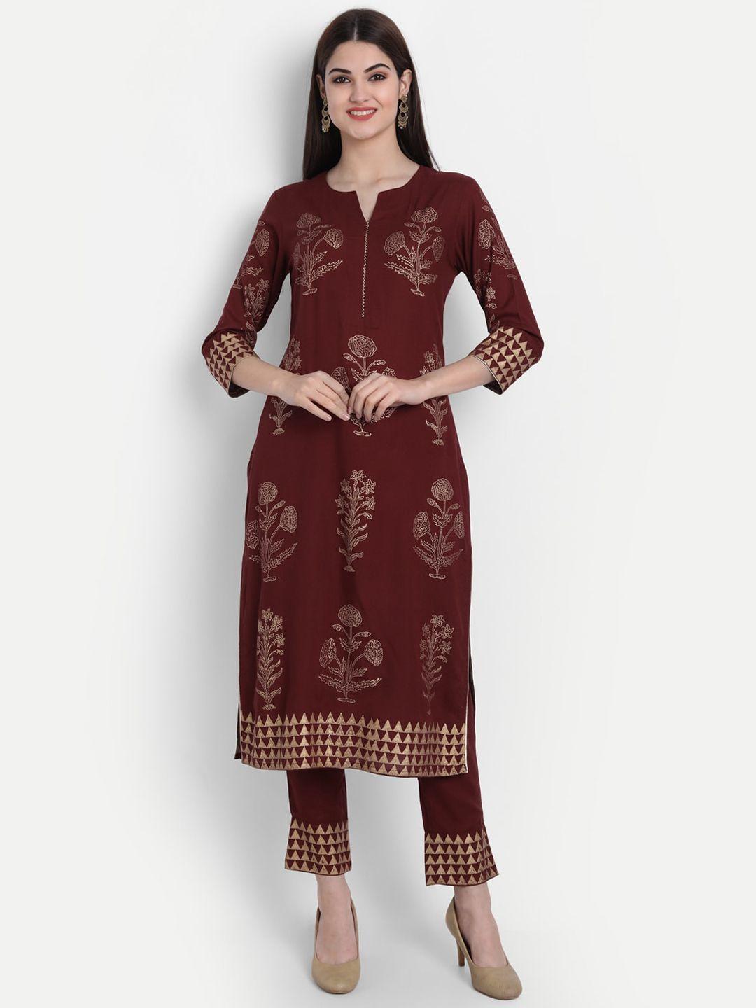 fabglobal women maroon floral hand block printed regular kurta with trousers