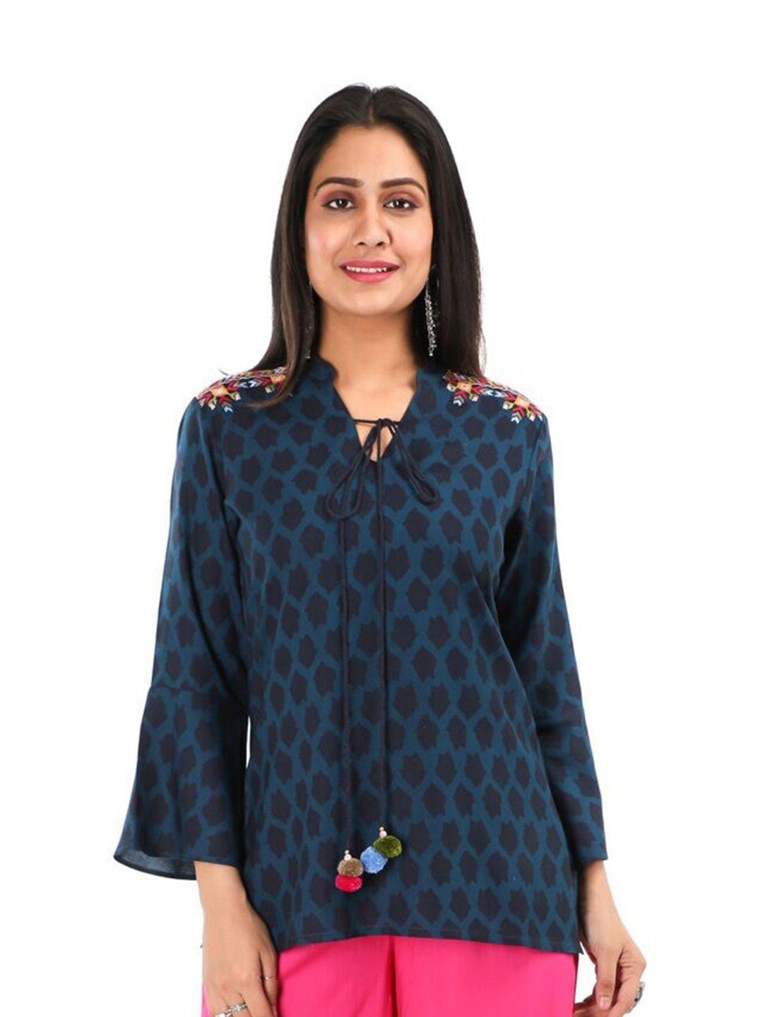 fabglobal women navy blue pure cotton print tie-up neck top