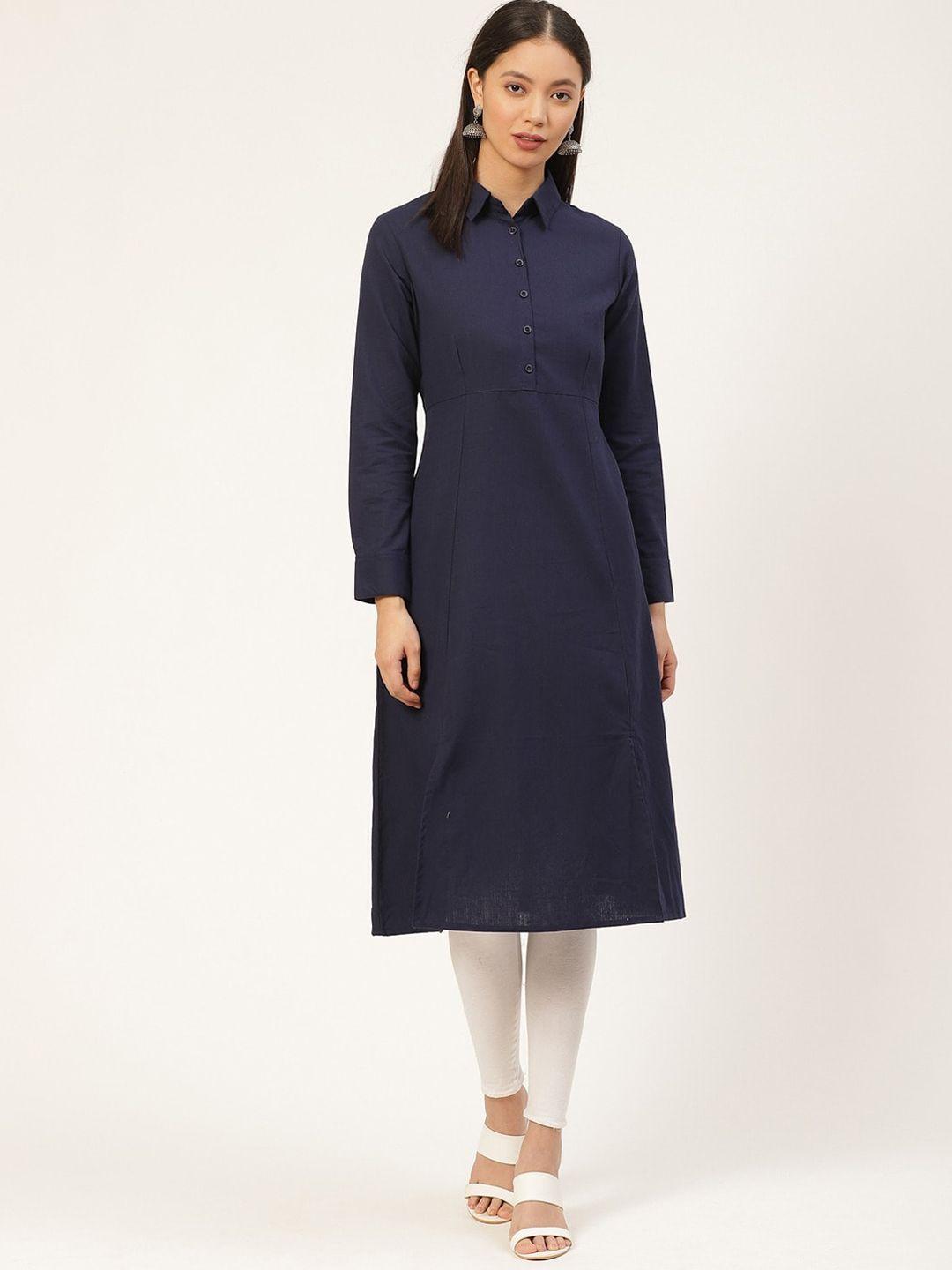 fabglobal women navy blue solid shirt collar a-line kurta