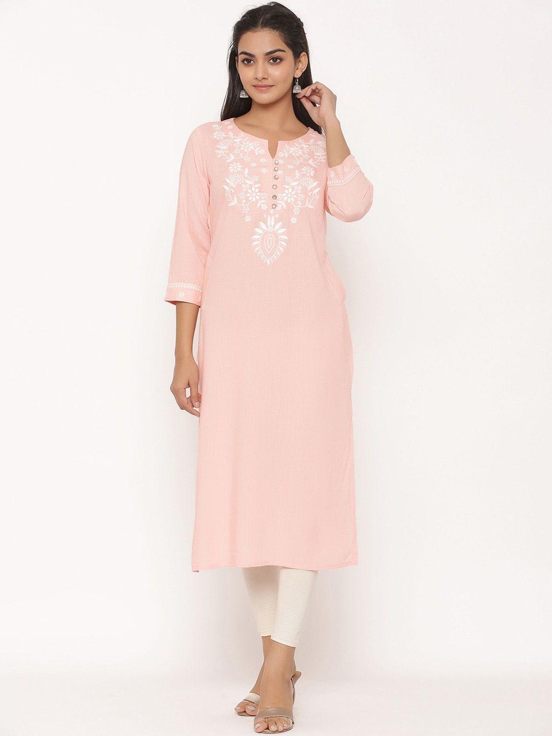 fabglobal women pink ethnic motifs embroidered keyhole neck thread work kurta